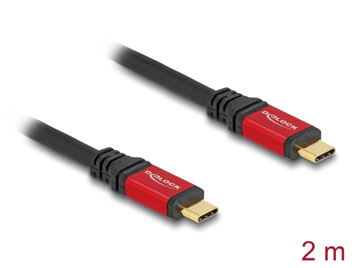 DeLOCK USB-C auf USB-C Kabel – USB 2.0 (480 Mbit/s) – 2 m – PD 240 W – E-Marker, Goldstecker – Schwarz/Rot