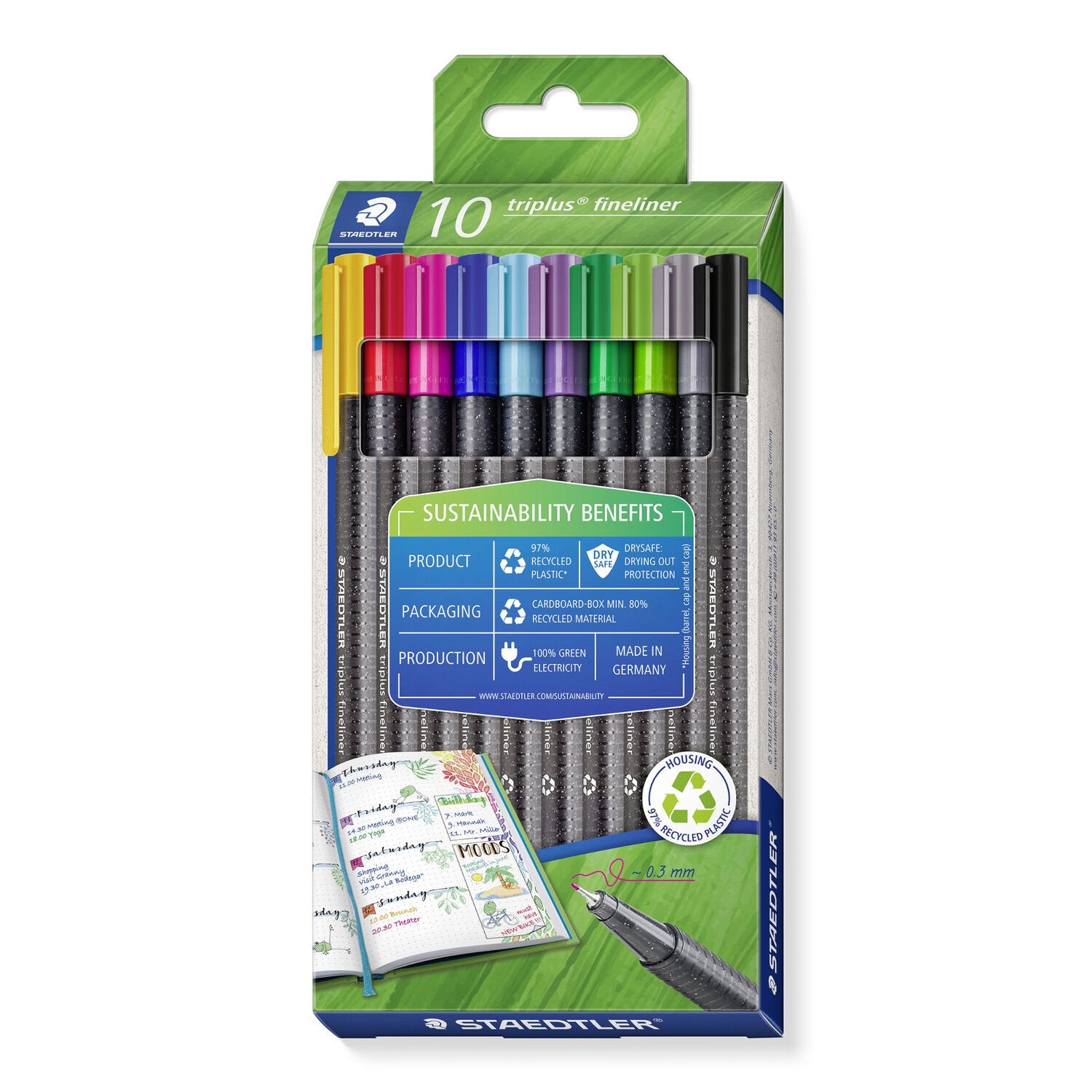STAEDTLER triplus Eco+ Edition Fineliner Etui – 10 Stk., 0,3 mm, sortiert, Cap-Off