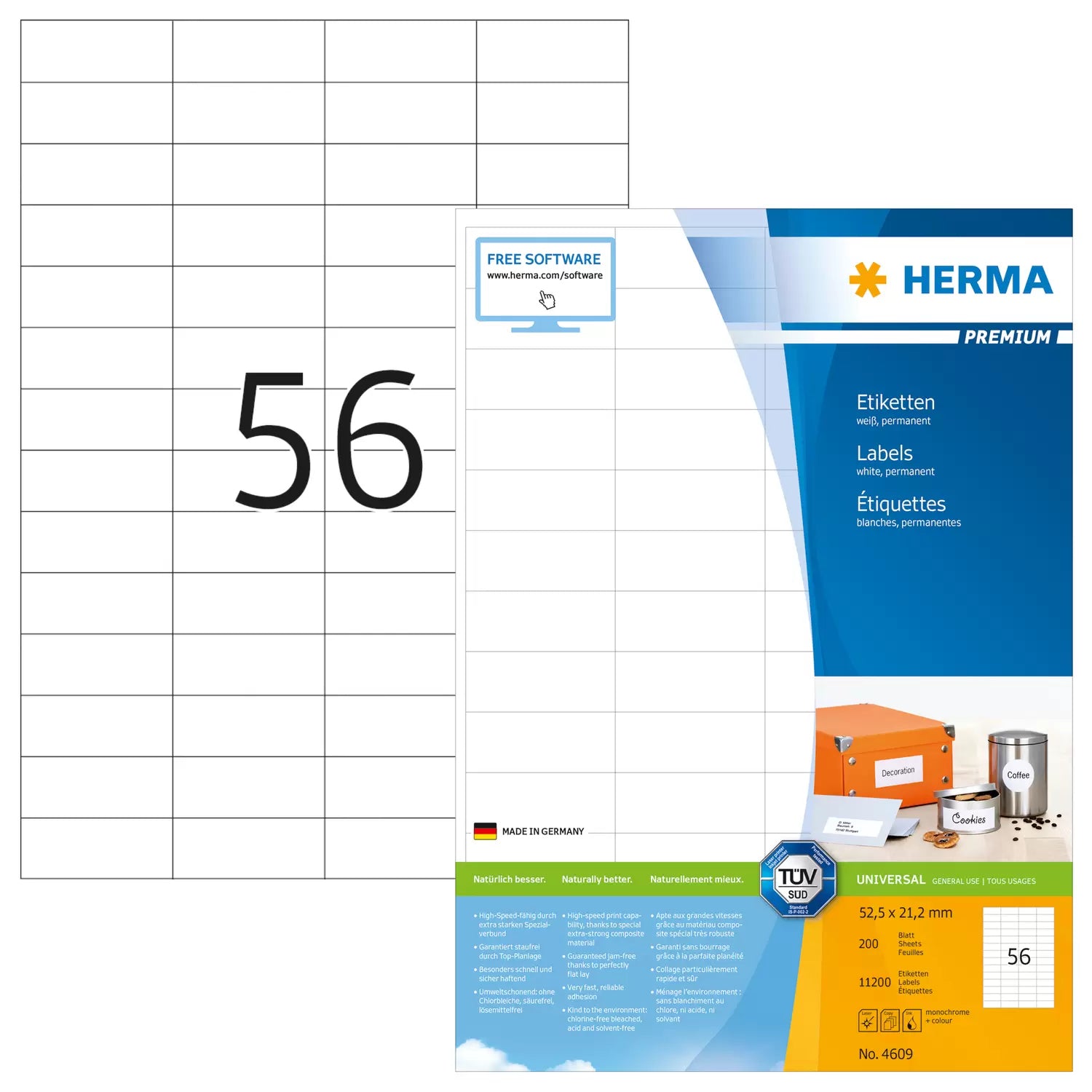 HERMA Druckeretiketten, 53 mm × 21 mm, weiss, Papier, permanent, 200 Blatt