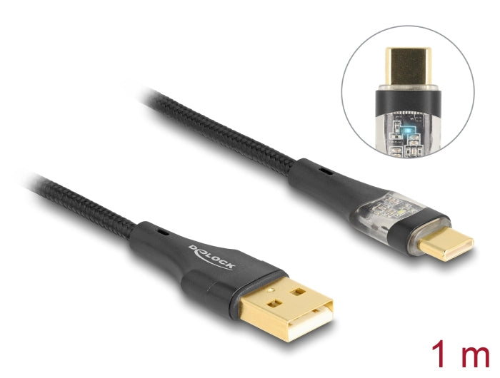 DeLOCK USB-A auf USB-C Kabel – USB 2.0 (480 Mbit/s) – 1 m – PD 60 W – Textilmantel, Leuchtend – Schwarz