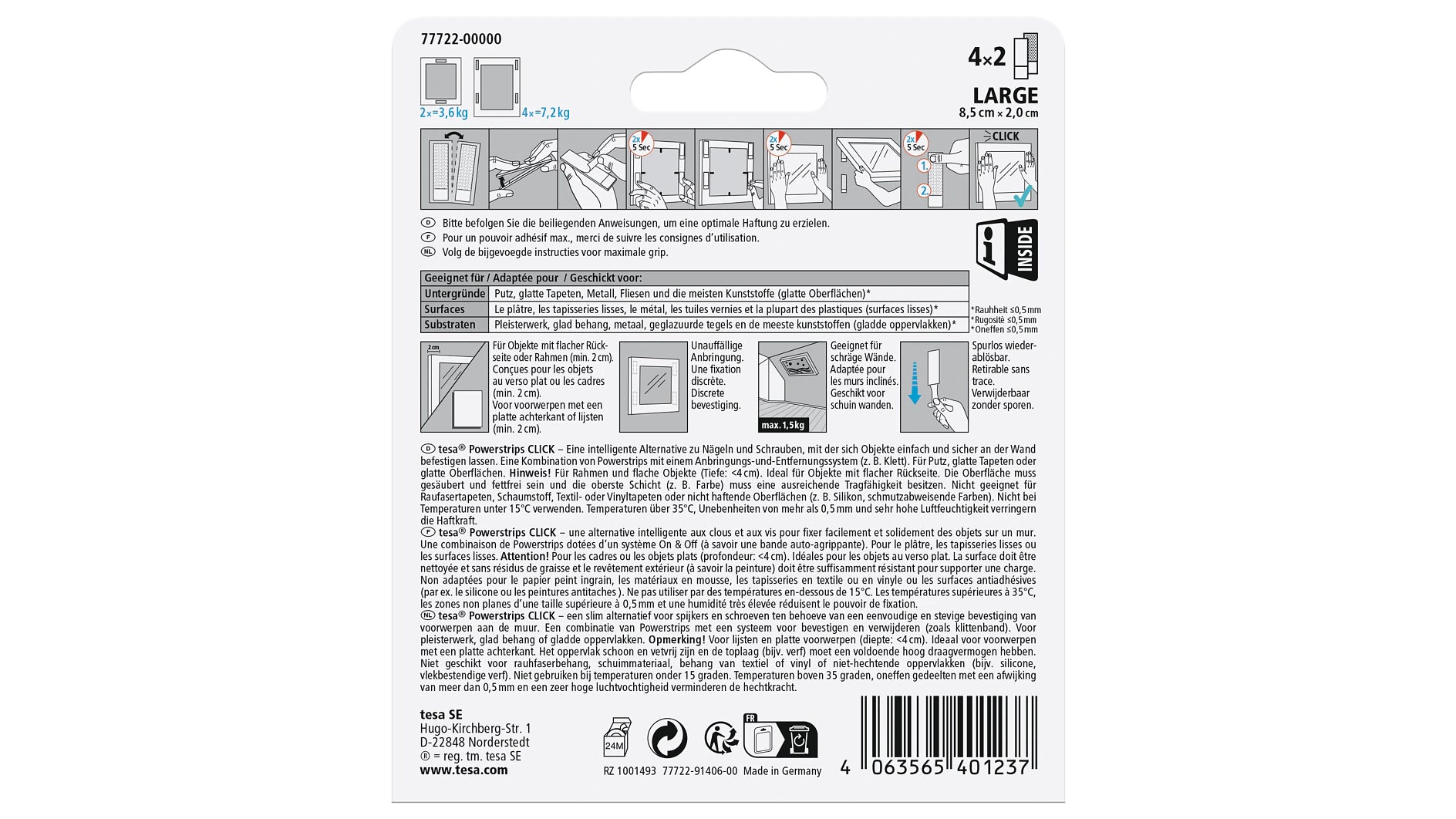 TESA Powerstrips CLICK Klettband – 20 mm × 85 mm, weiss, rückstandsfrei, lösemittelfrei, 8 Stück