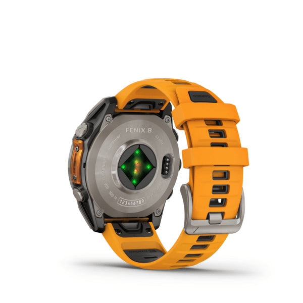 Garmin Fenix 8 – Smartwatch – 47 mm, 1,4" AMOLED, GPS, Saphirglas, 100 m, Silber, Orange Sportarmband
