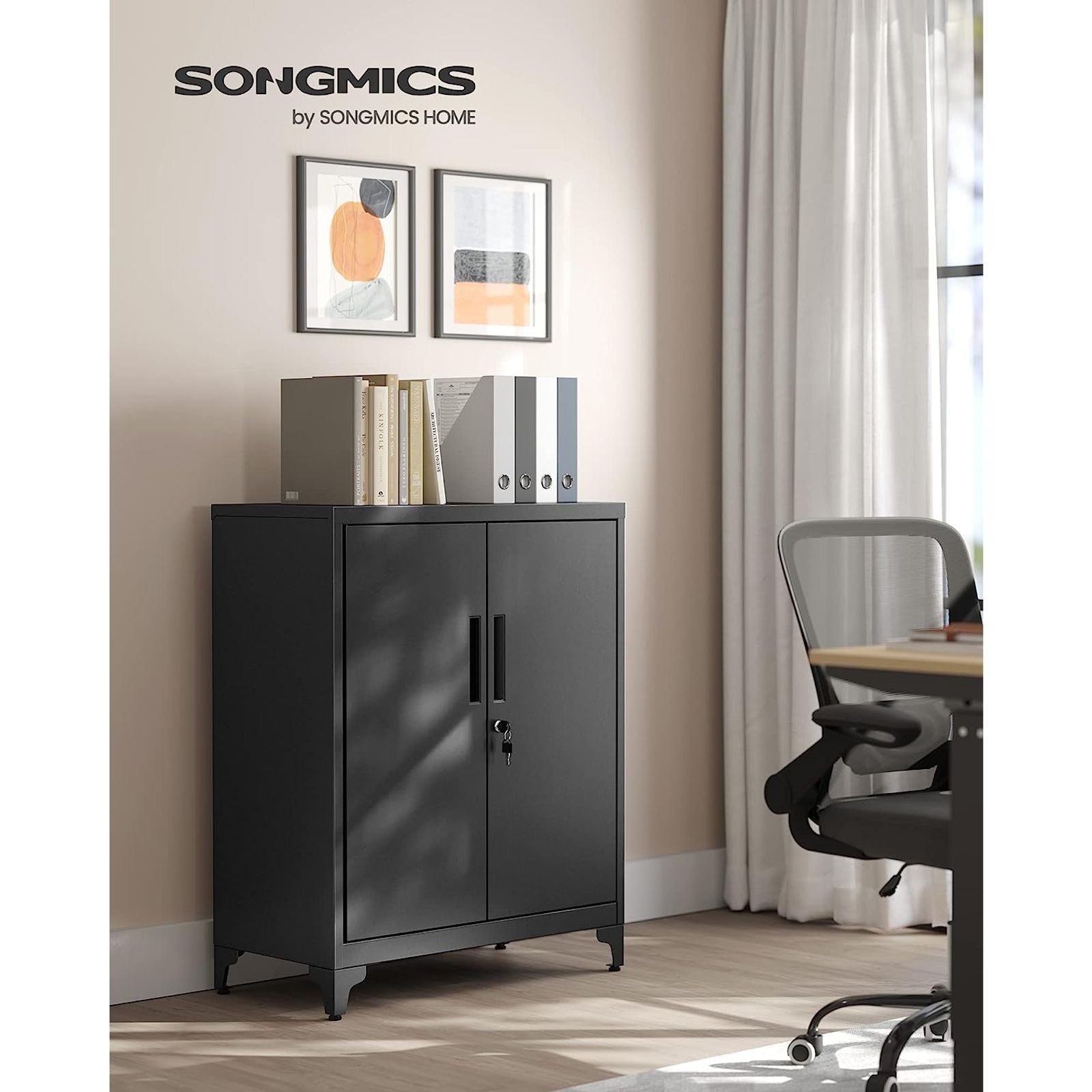 Songmics OMC013B01 – Aktenschrank, 2 Tablare, abschliessbar, Stahl, 800 × 400 × 900 mm, Schwarz