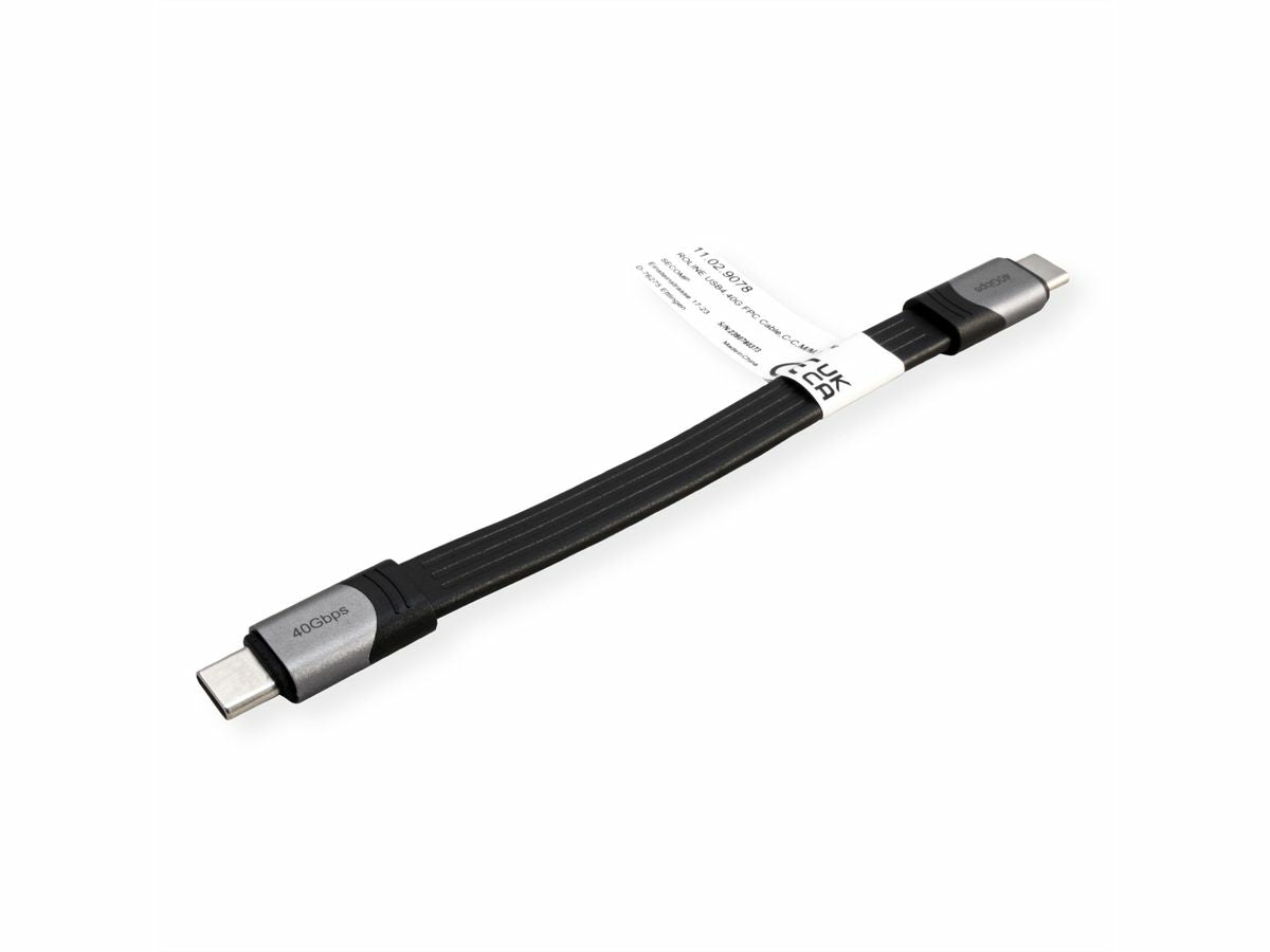 ROLINE USB-C auf USB-C Kabel – USB4 40 Gbit/s – 0,15 m – PD 100 W – 8K/60 – Flachkabel – Schwarz