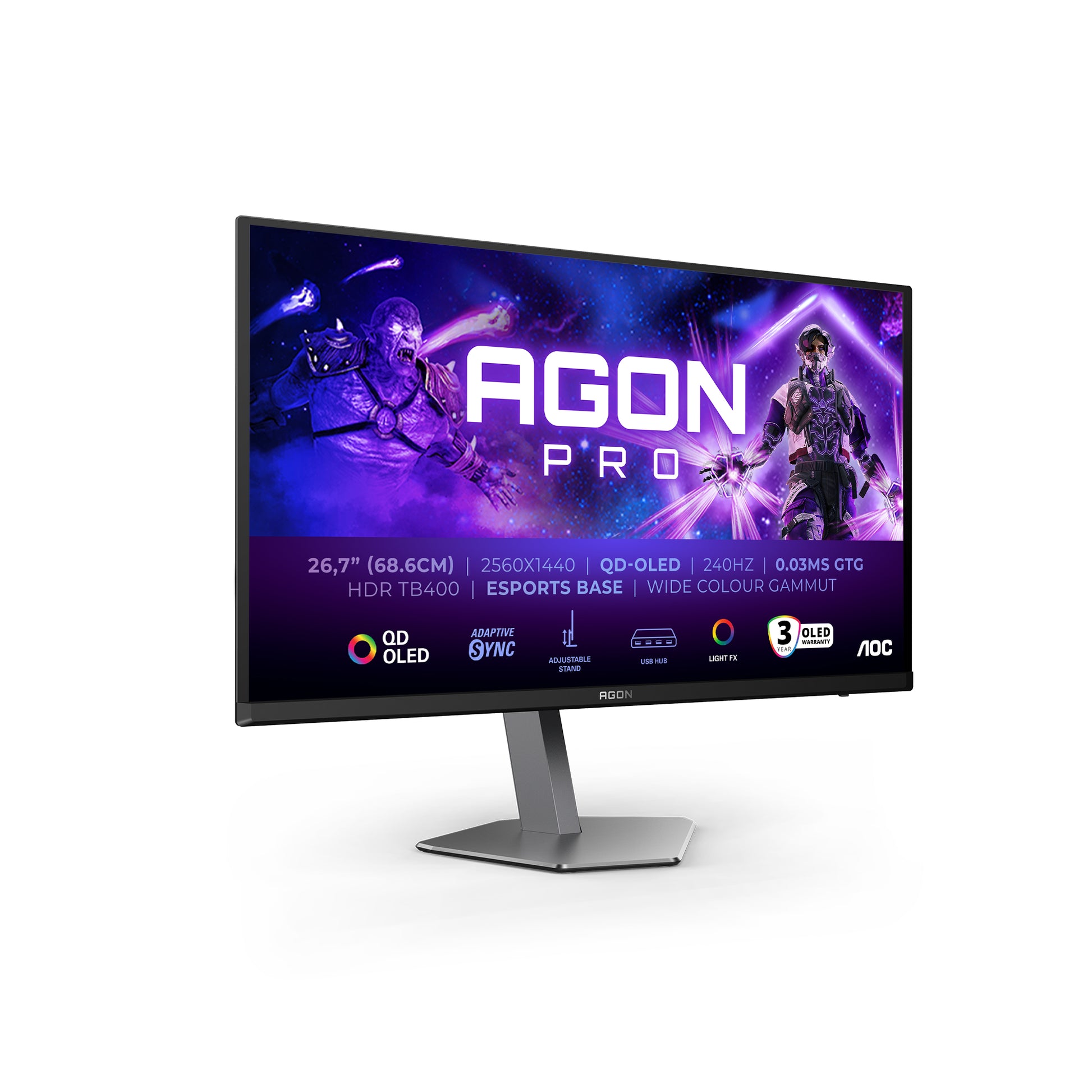 AOC AG276QZD2 – Monitor, 26,7", 250 cd/m², Adaptive Sync, USB-Hub, Lautsprecher, VESA 100 × 100, Schwarz