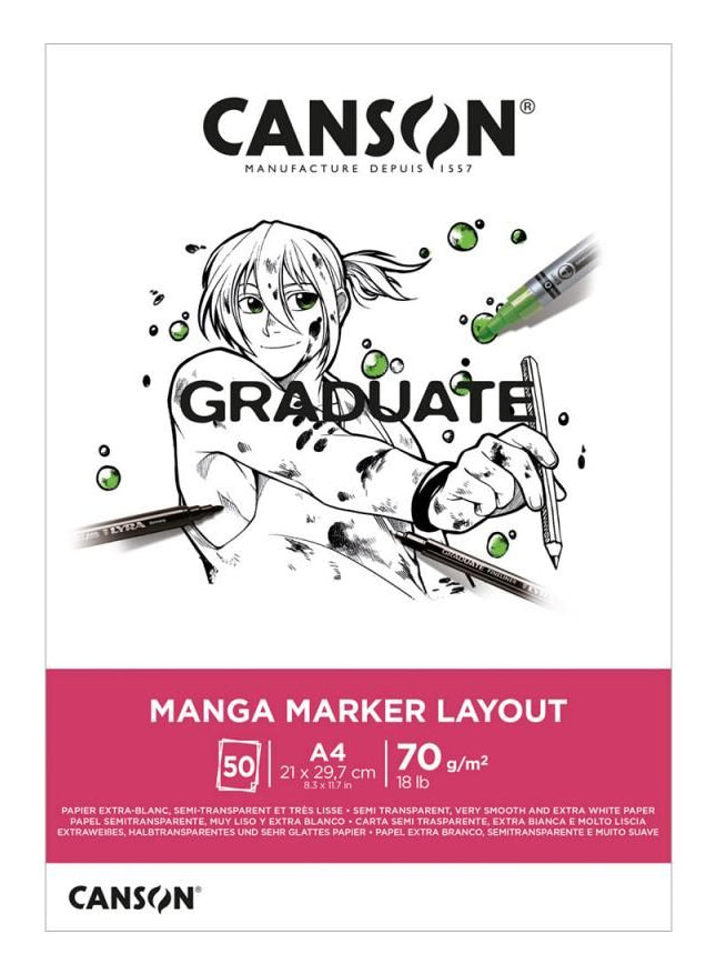 Canson Graduate Markerblock – A4, 70 g/m², weiss, glatt, geleimt, 50 Blatt, für Marker – FSC