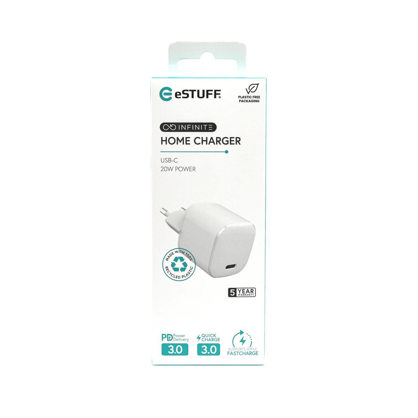 eSTUFF INFINITE (GRS) USB-Ladegerät 20 W – USB-C×1 – PD 3.0, QC 3.0, EU-Stecker (Typ C) – Weiss