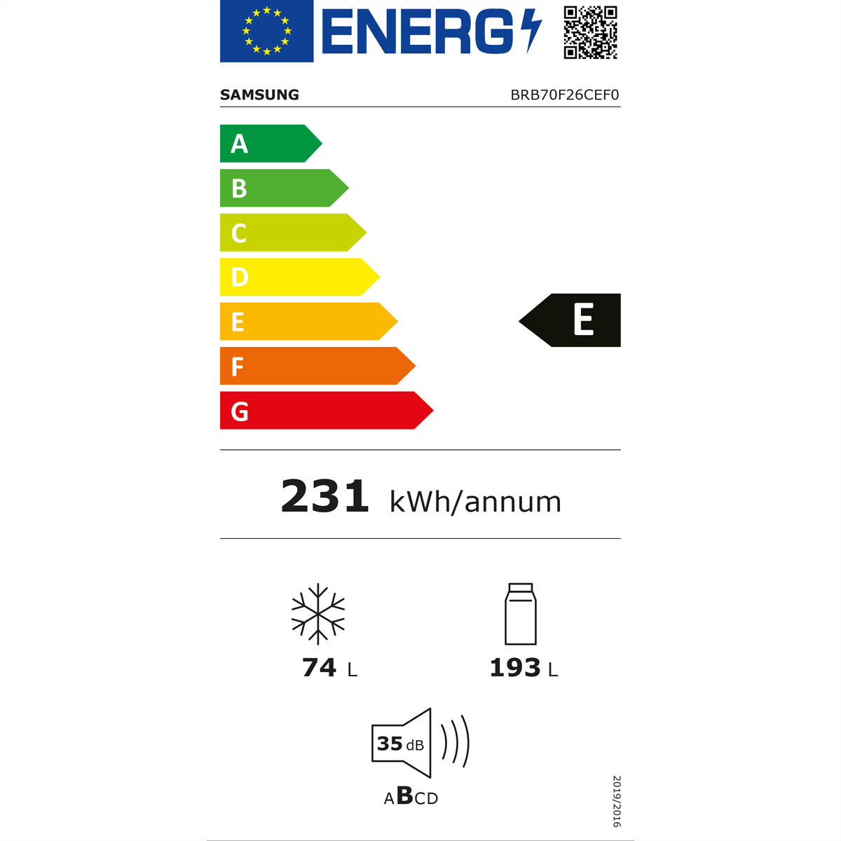 Samsung Kühl-Gefrier-Kombination BRB7000 – 267 l, 230 V, Kompressor, Energieeffizienzklasse E