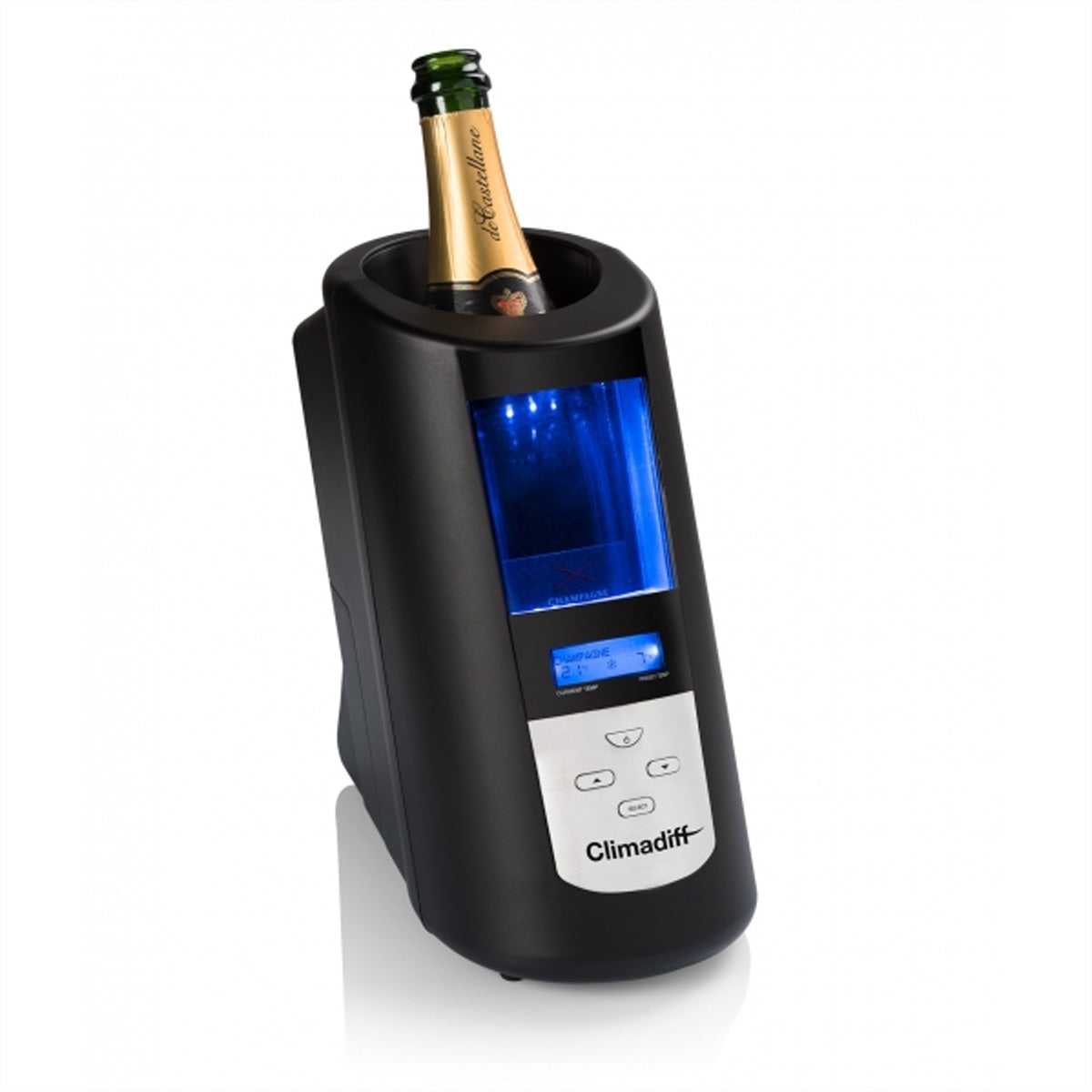 Climadiff Weinkühler ECHANSON2 – 13,5 × 26,5 × 24,5 cm, Schwarz, für 1 Flasche, 5–18 °C, Innenbeleuchtung, Dis