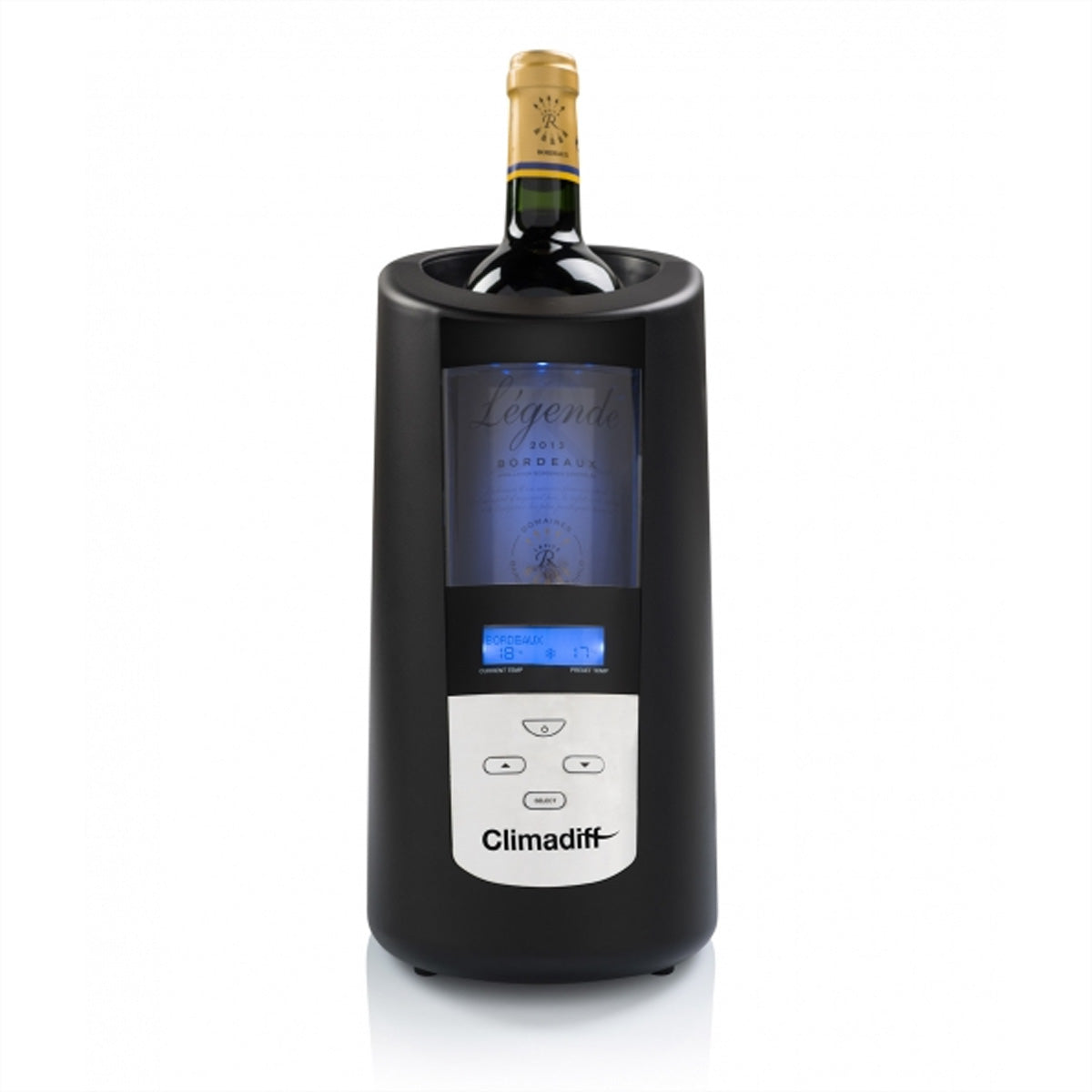 Climadiff Weinkühler ECHANSON2 – 13,5 × 26,5 × 24,5 cm, Schwarz, für 1 Flasche, 5–18 °C, Innenbeleuchtung, Dis