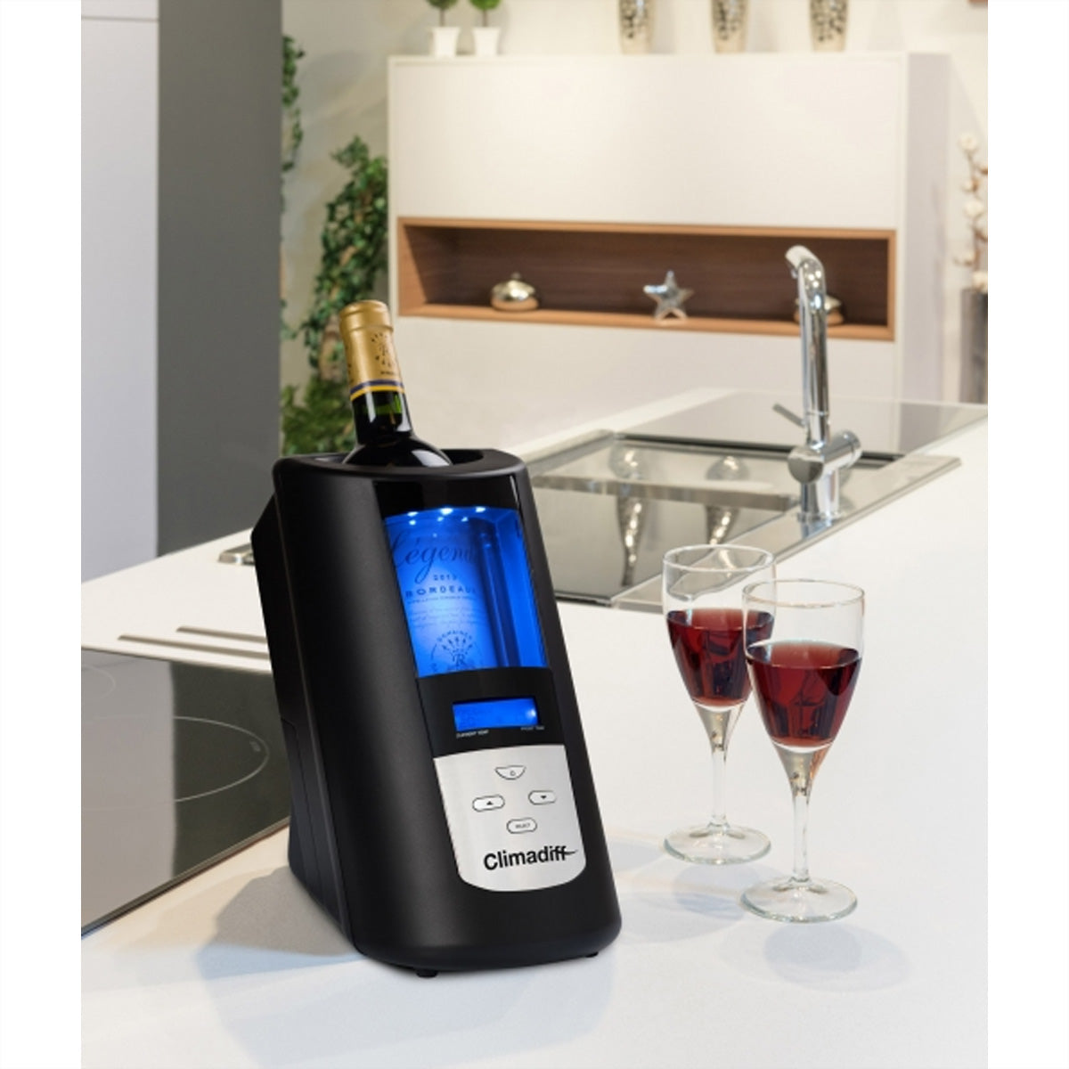 Climadiff Weinkühler ECHANSON2 – 13,5 × 26,5 × 24,5 cm, Schwarz, für 1 Flasche, 5–18 °C, Innenbeleuchtung, Dis