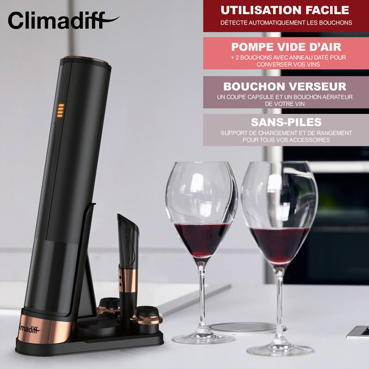 Climadiff Elektrischer Korkenzieher TBEVOLUTION – 9 × 15 × 30 cm, Schwarz, Akku, Vakuumpumpe, Kapselschneider