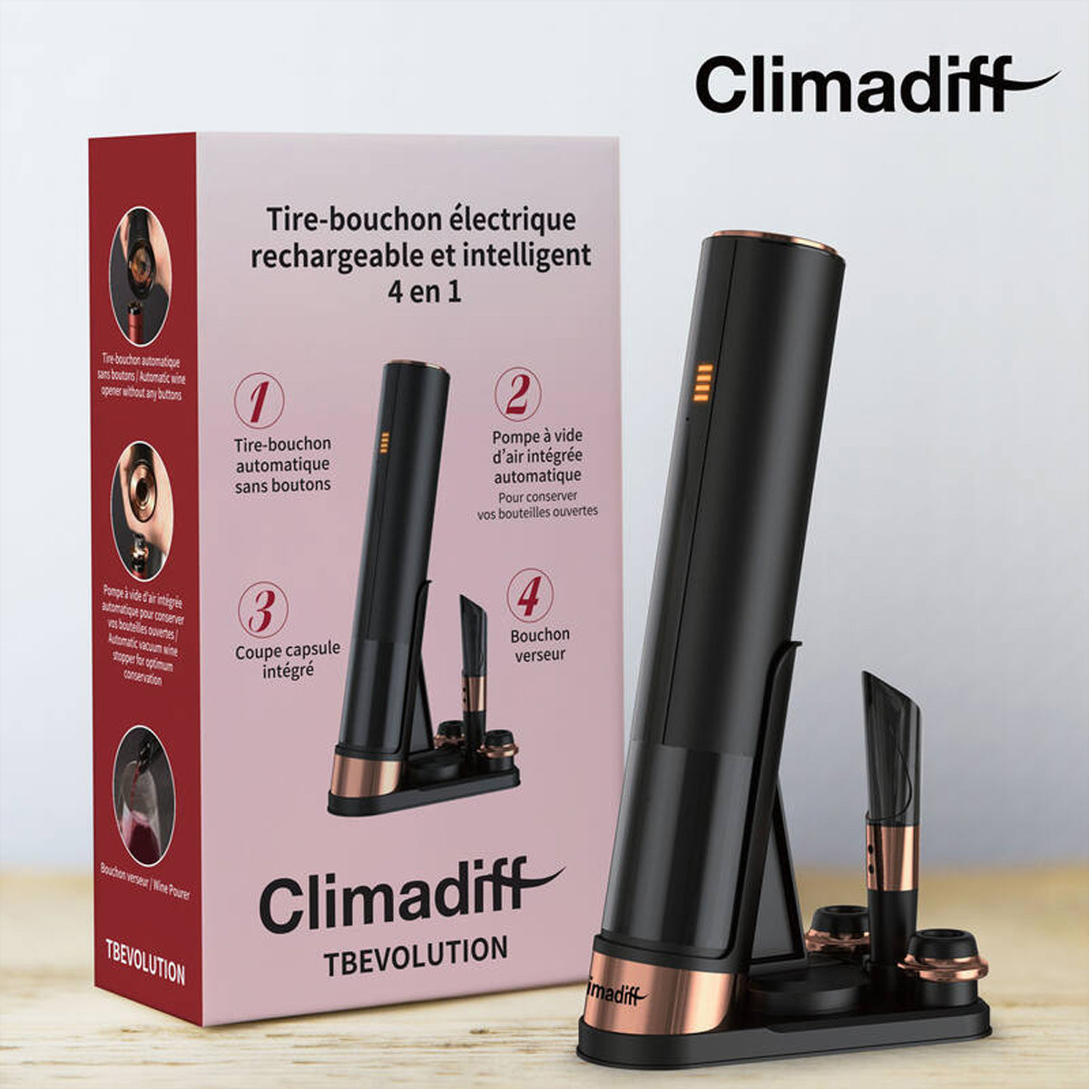 Climadiff Elektrischer Korkenzieher TBEVOLUTION – 9 × 15 × 30 cm, Schwarz, Akku, Vakuumpumpe, Kapselschneider