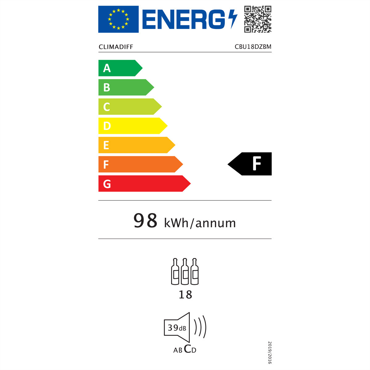 Climadiff Weinkühlschrank CBU20S2B – 240 V, Energieeffizienzklasse F, 39 dB, Schwarz