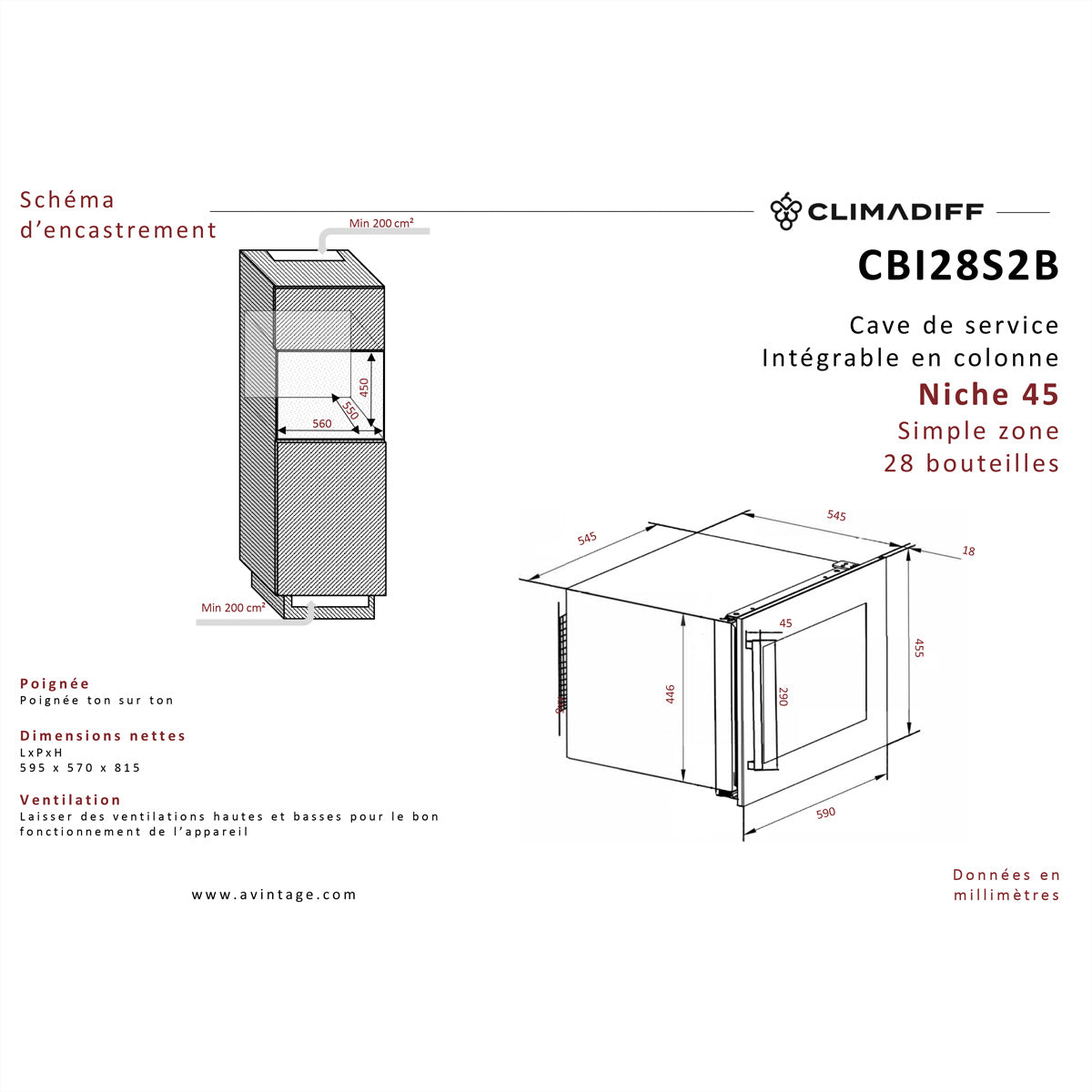 Climadiff Weinkühlschrank CBI28S2B – 28 Flaschen, 240 V, Energieeffizienzklasse F, 38 dB