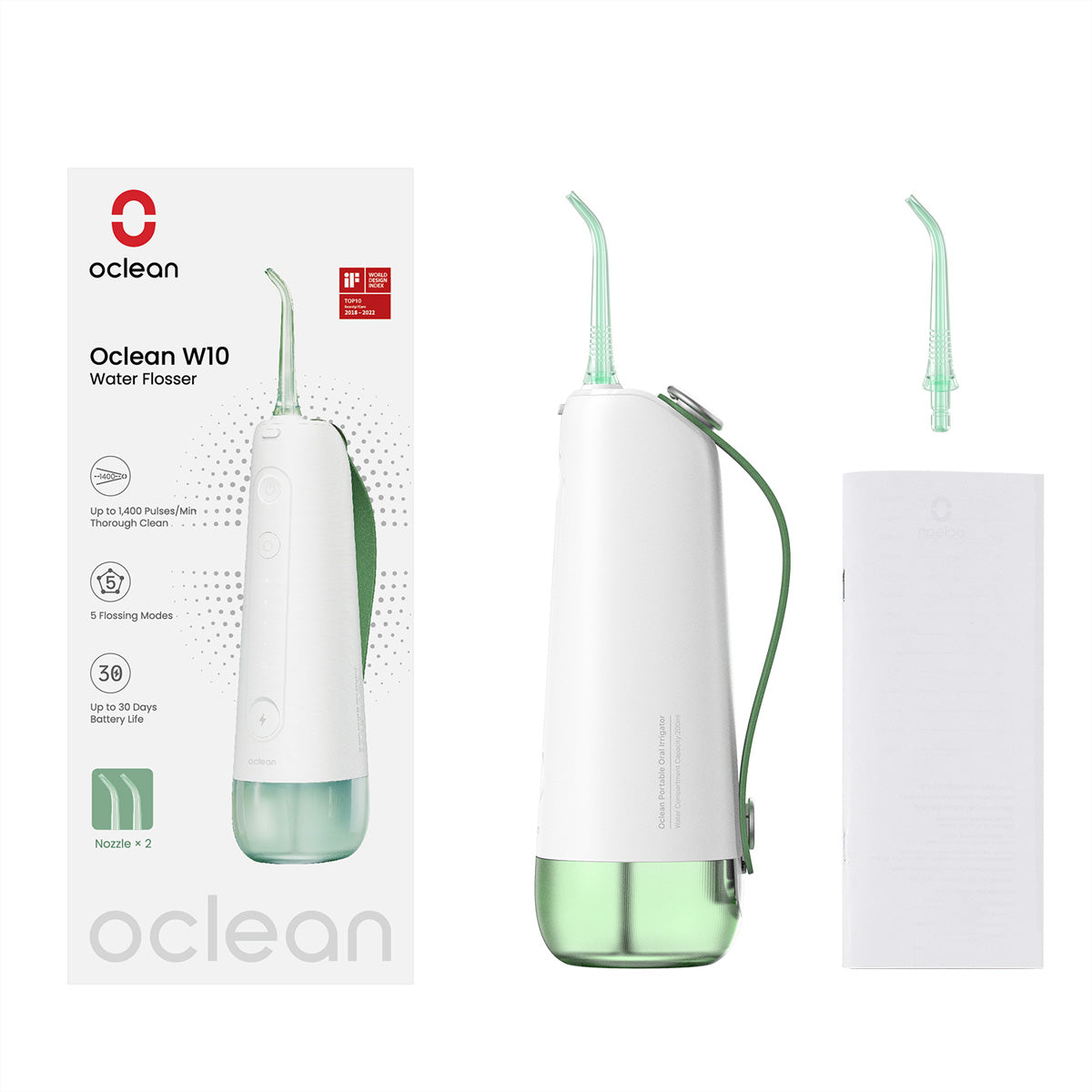 Oclean Kabellose Munddusche W10 – 5 Stufen, 2 Düsen – 200 ml – Grün