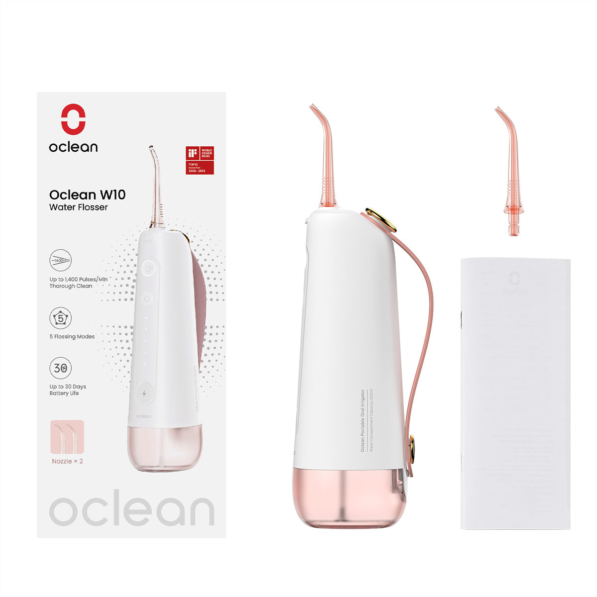 Oclean Munddusche W10 – Akkubetrieb, 5 Betriebsstufen – 200 ml – Rosa