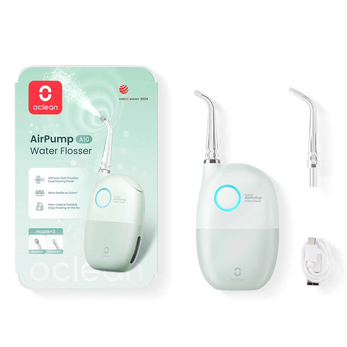 Oclean Kabellose Munddusche A10 – IPX7 wasserdicht, Akku – 45 ml, 2 Düsen – Grün