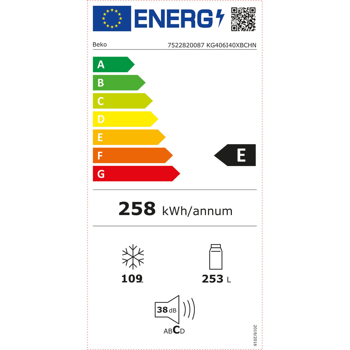 Beko Kühl-Gefrierkombination KG406I40XBC – 362 l, 230 V, Energieeffizienzklasse E, 38 dB