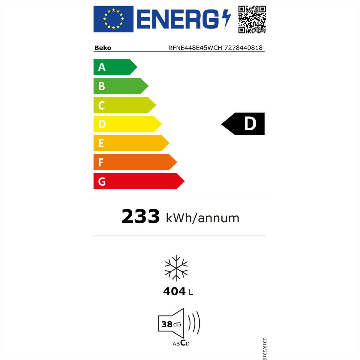 Beko Gefrierschrank RFNE448E45WCH – 404 l, 230 V, No-Frost, Energieeffizienzklasse D