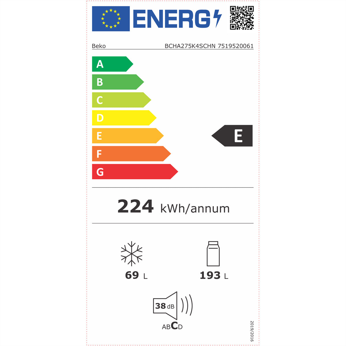 Beko Kühl-Gefrier-Kombination BCHA275K4SCHN – 262 l, 230 V, Kompressor, Energieeffizienzklasse E