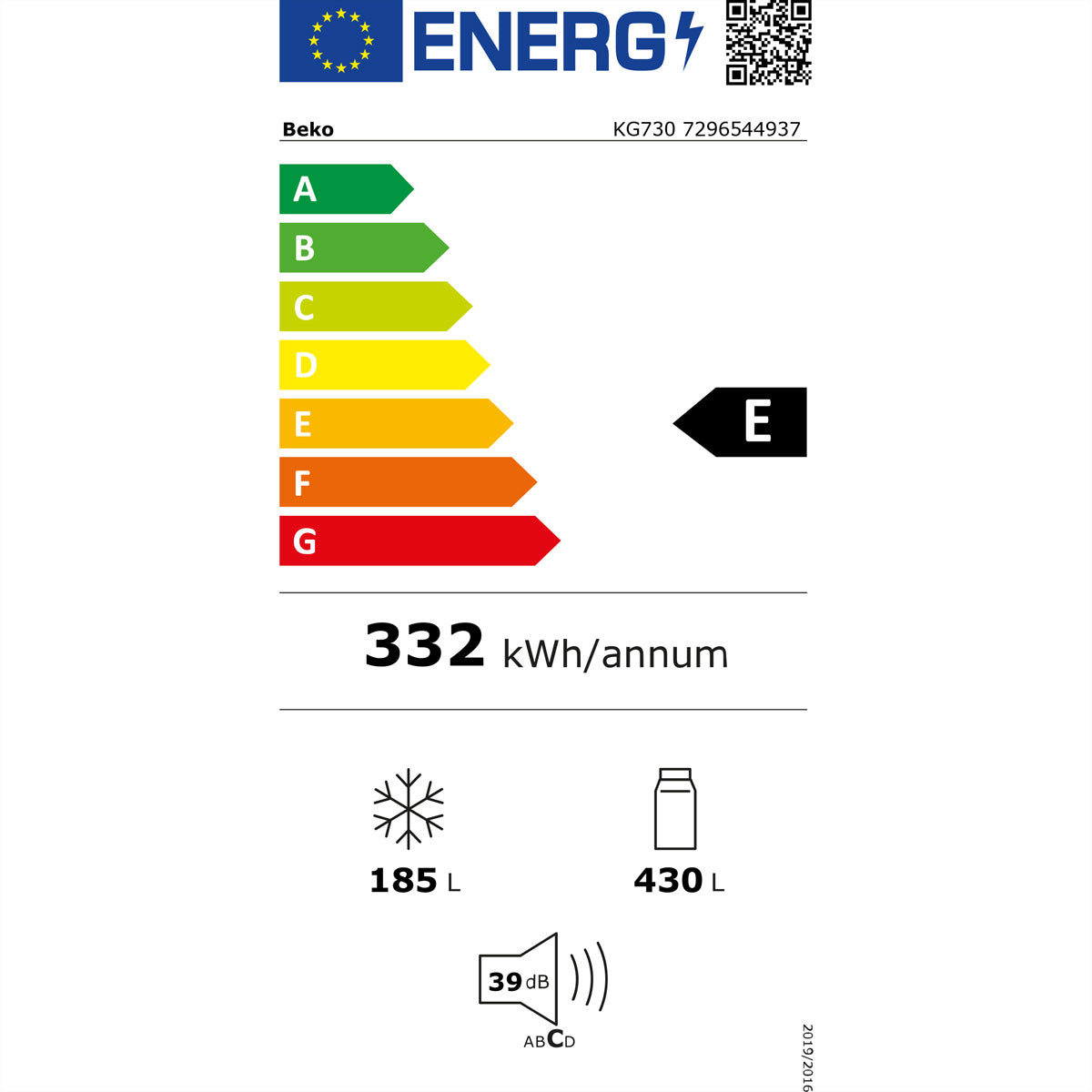 Beko Kühl-Gefrierkombination KG730 – 615 l, 230 V, Energieeffizienzklasse E, 39 dB