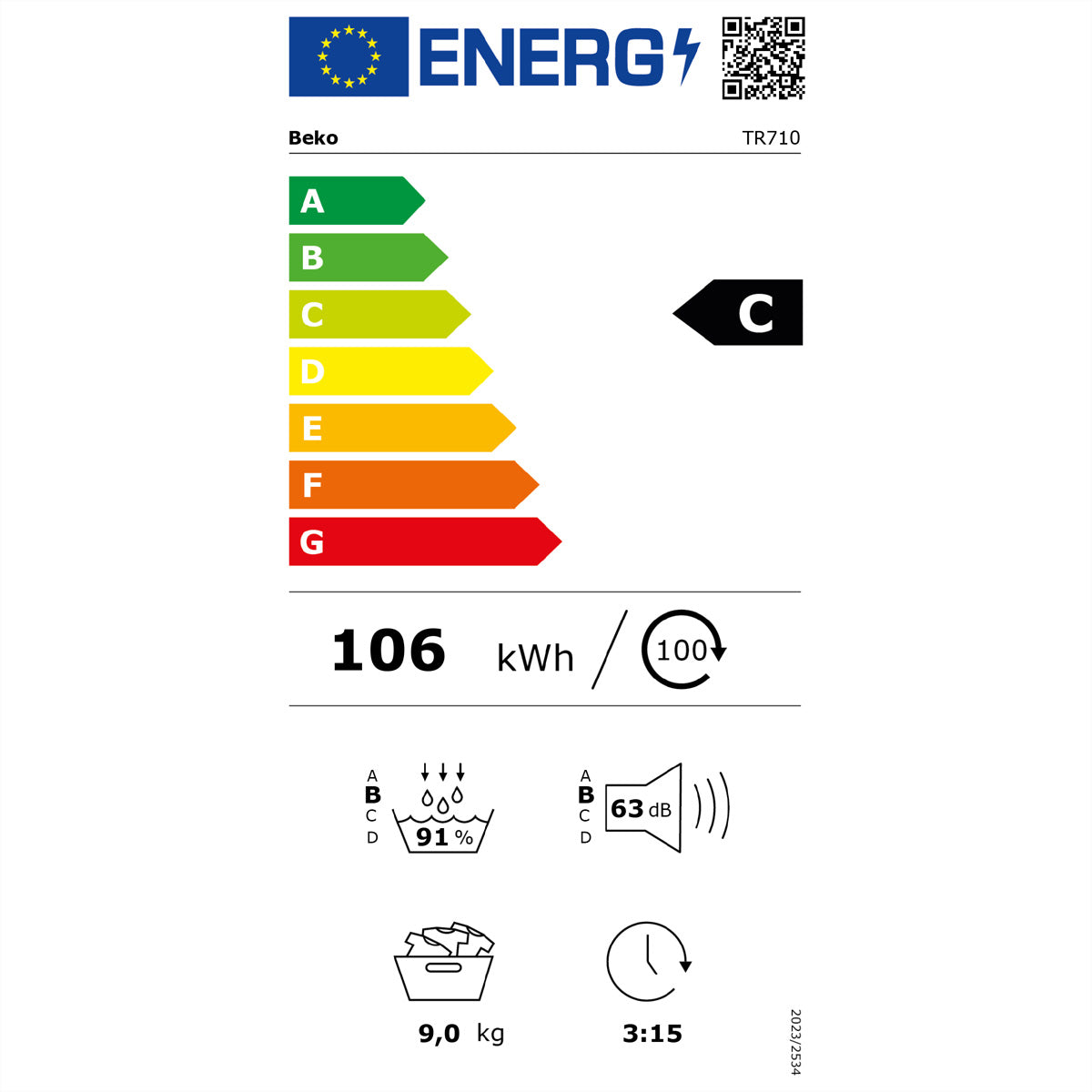 Beko Wäschetrockner TR710 – 9 kg, Wärmepumpe, Energieeffizienzklasse C, 63 dB – Weiss