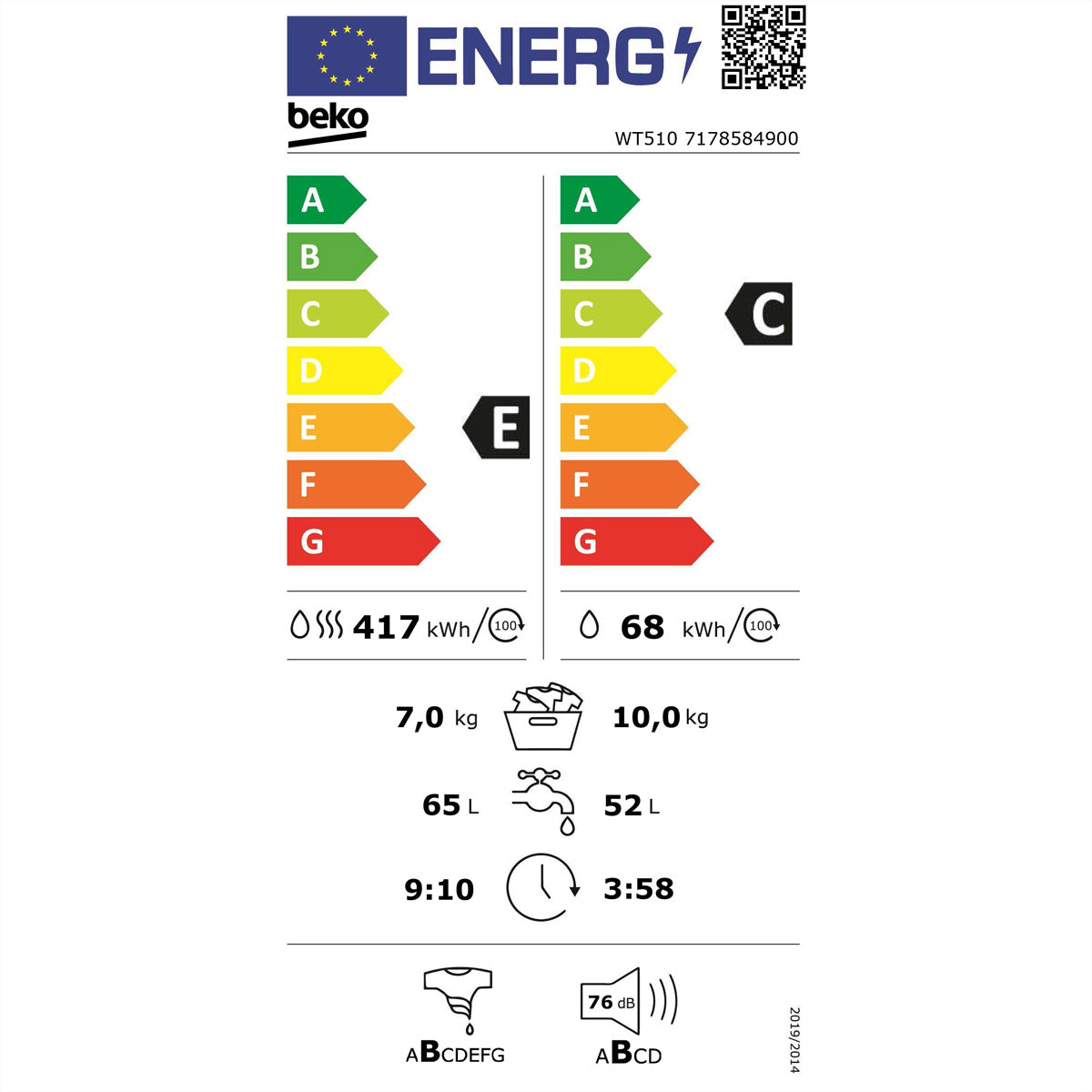 Beko Waschtrockner WT510 – 10 kg Waschen/7 kg Trocknen, 1'400 U/min, SteamCure & Inverter – weiss