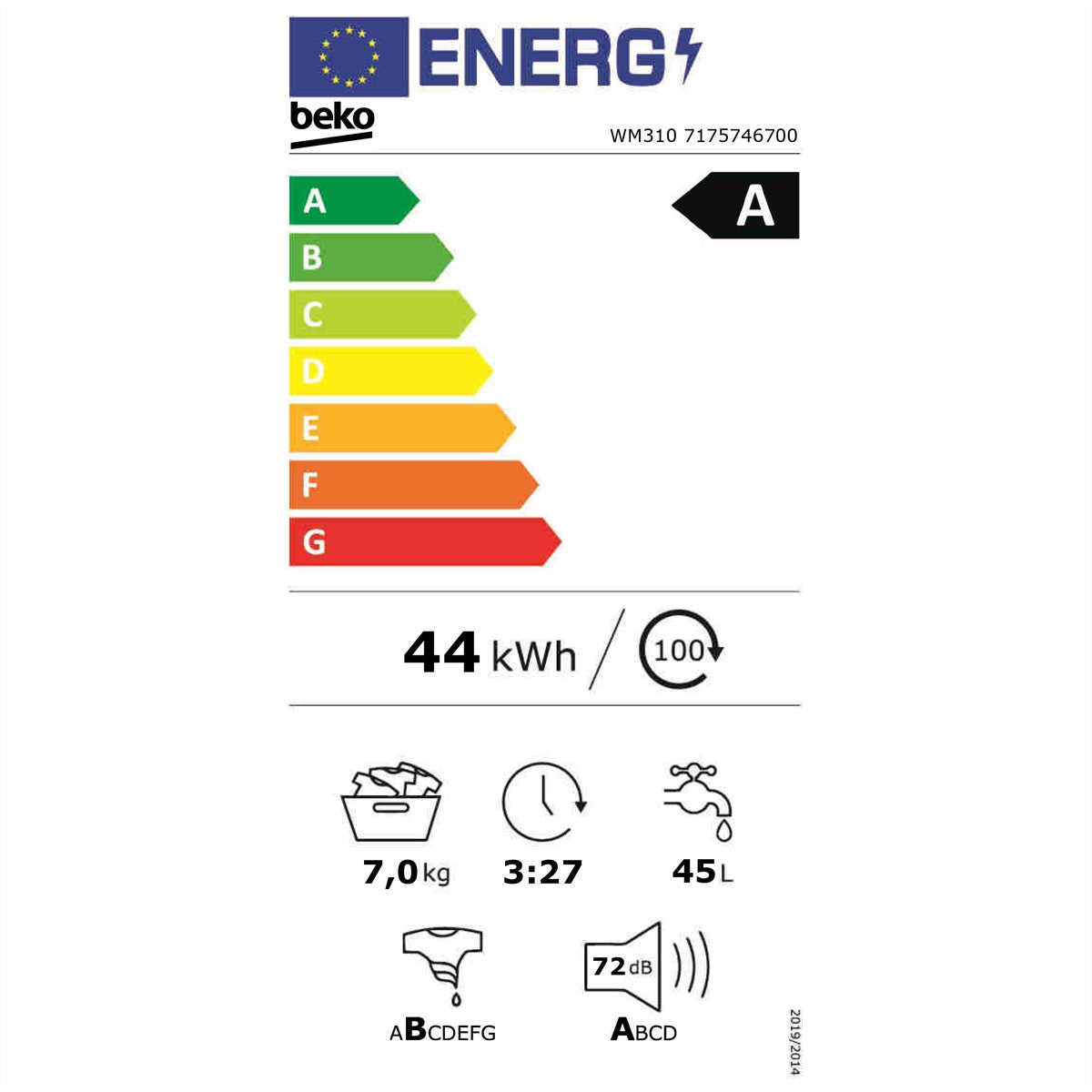 Beko Waschmaschine WM310 – 7 kg, 1400 U/min, Energieeffizienzklasse A – schwarz