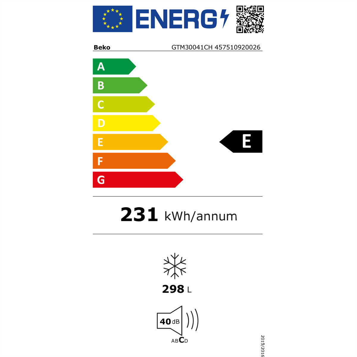 Beko Gefriertruhe GTM30041CH – 298 l, 220/240 V, statisch, Energieeffizienzklasse E
