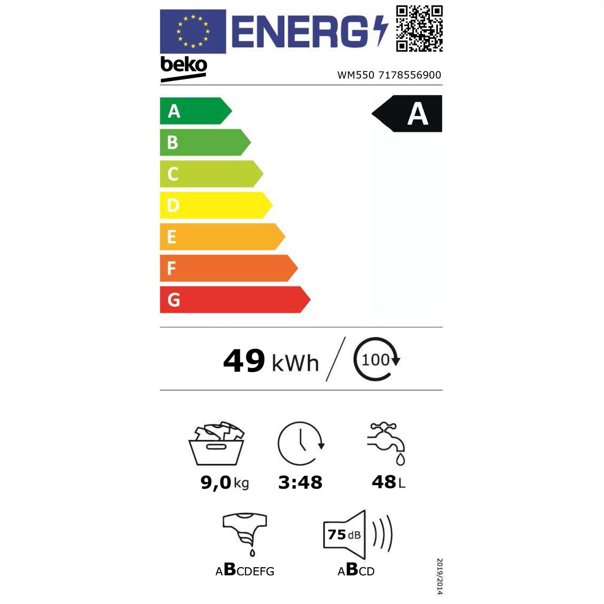 Beko Waschmaschine WM550 – 9 kg, 1400 U/min, Klasse A – weiss