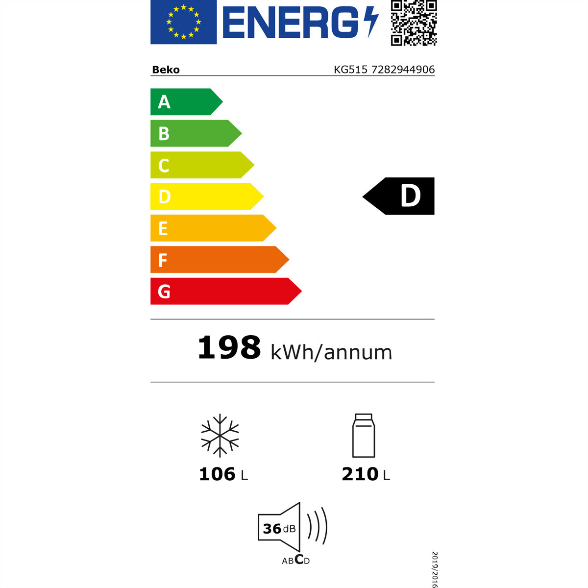 Beko Kühl-Gefrierkombination KG515 – 316 l, 230 V, Energieeffizienzklasse D, 36 dB