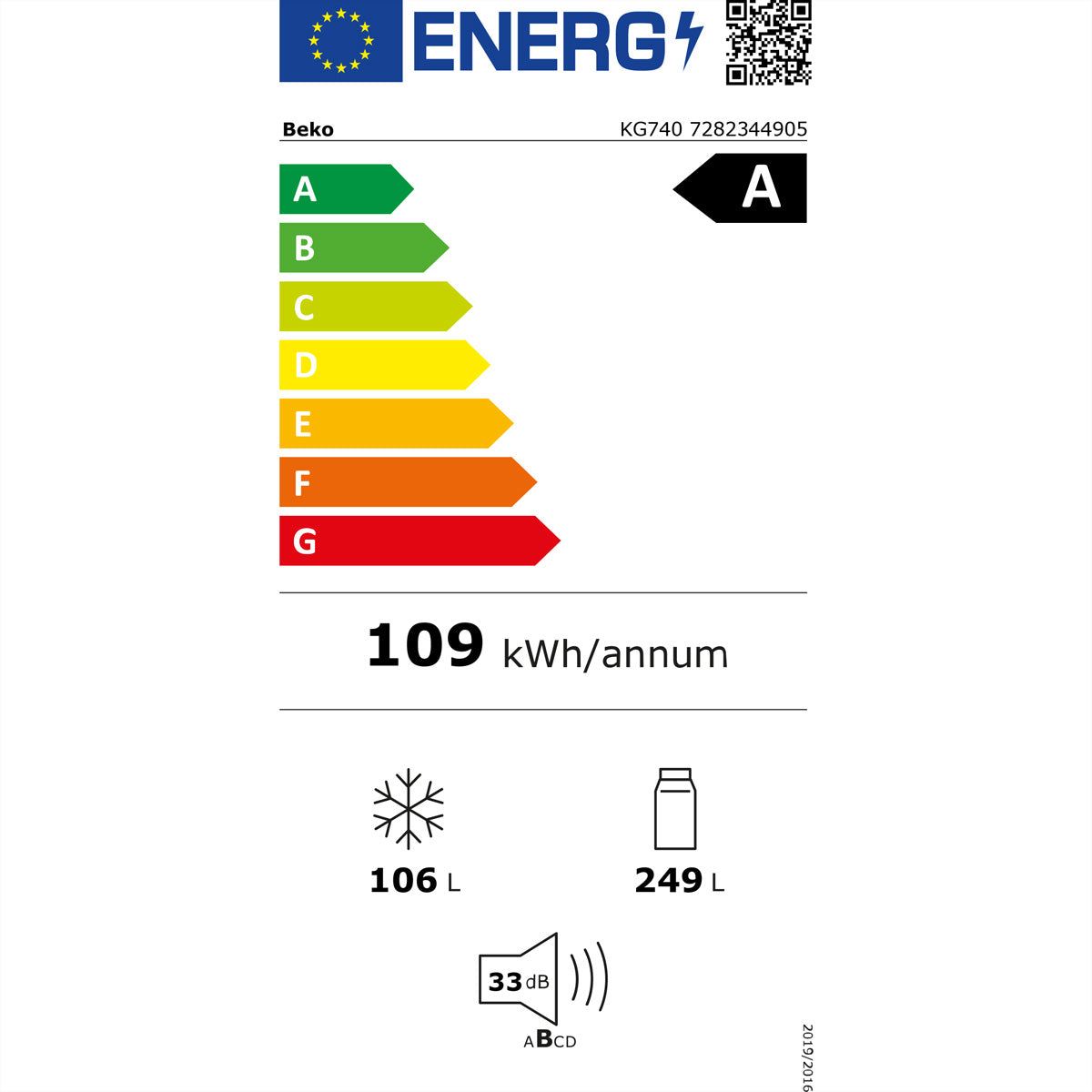 Beko Kühl-Gefrier-Kombination KG740 – 355 l, 230 V, Energieeffizienzklasse A, 32 dB