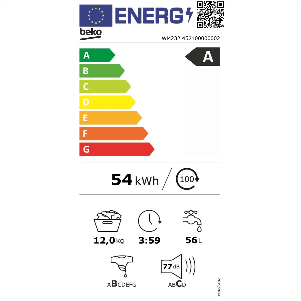 Beko Waschmaschine WM232 – 12 kg, 1'400 U/min, Energieklasse A – weiss