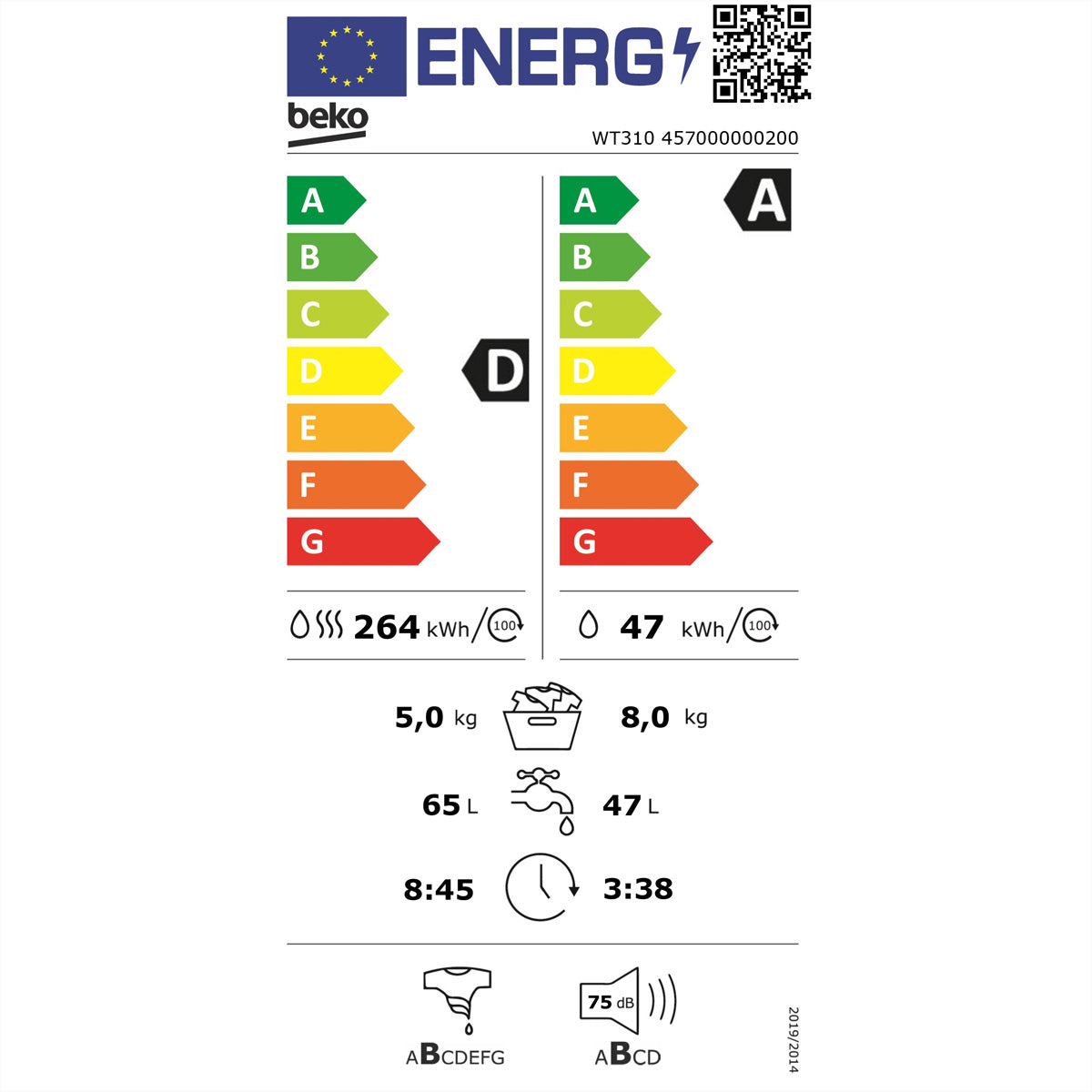 Beko Waschtrockner WT310 – 8 kg Waschen, 5 kg Trocknen, 1400 U/min – weiss