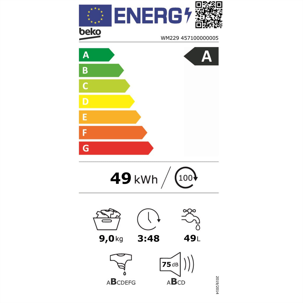 Beko Waschmaschine WM229 – 9 kg, Energieeffizienz A, 1400 U/min – weiss