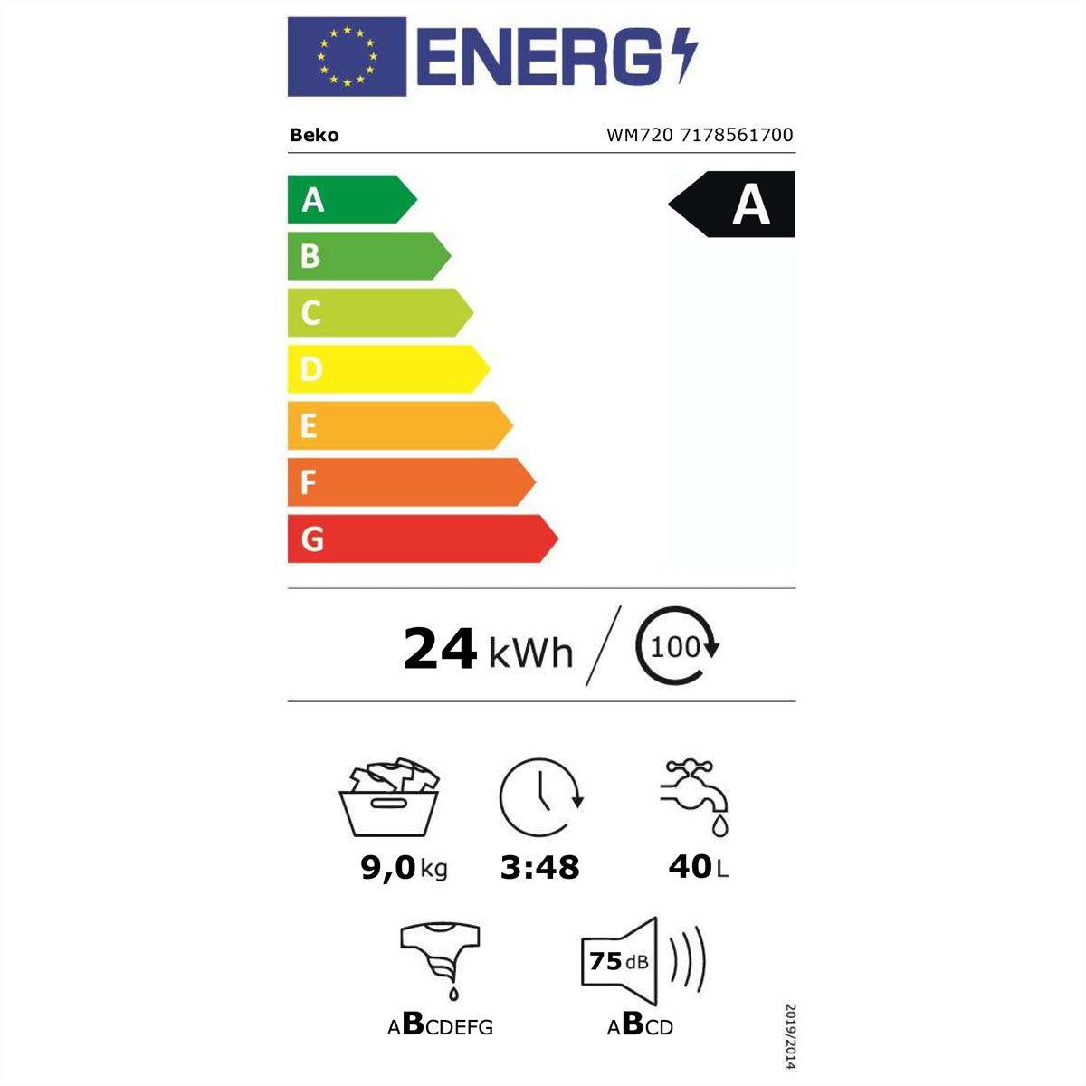 Beko Waschmaschine WM720 – 9 kg, 1400 U/min, Invertermotor, Energieklasse A – weiss