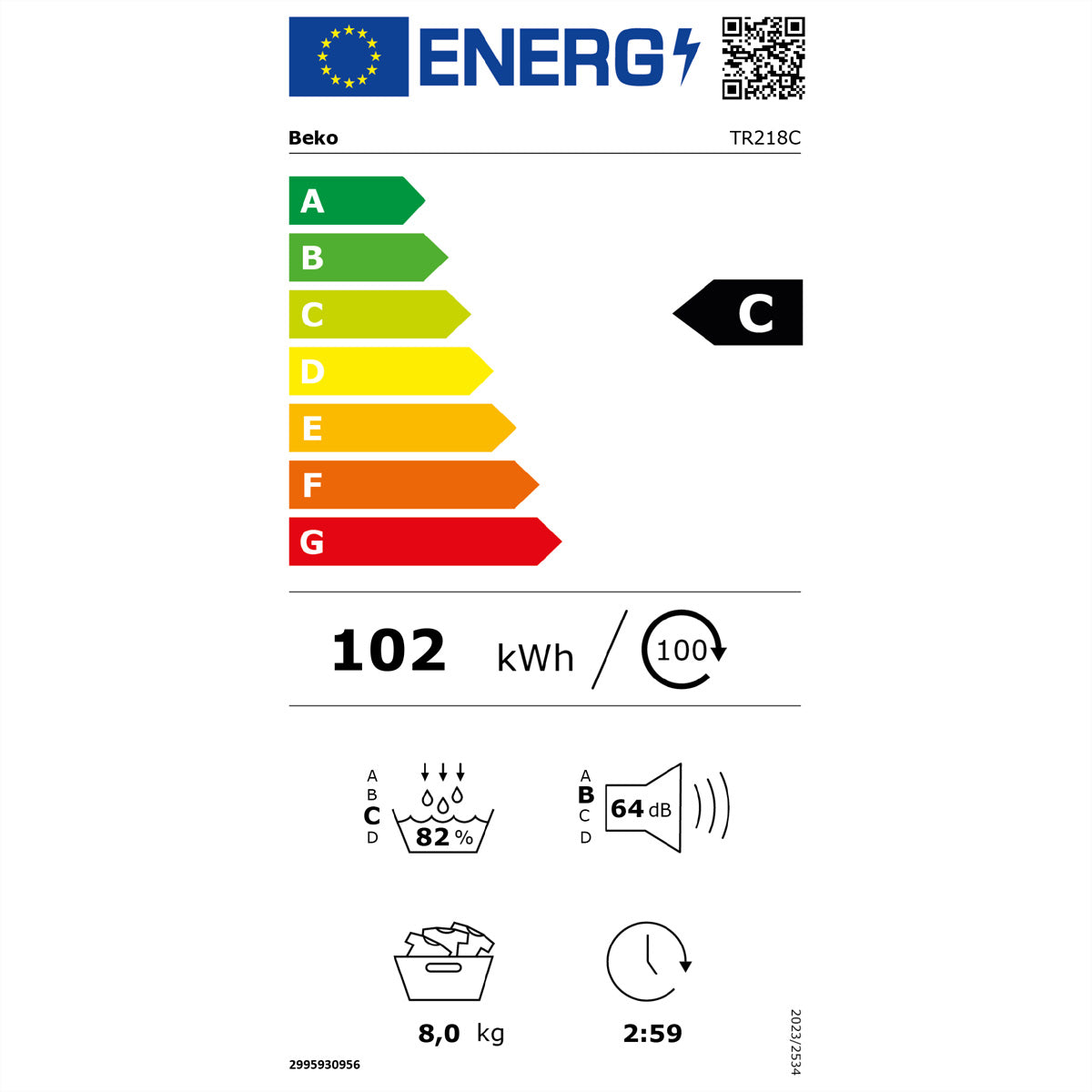 Beko Wäschetrockner TR218C – 8 kg, Wärmepumpe, Energieklasse C, 64 dB – Weiss