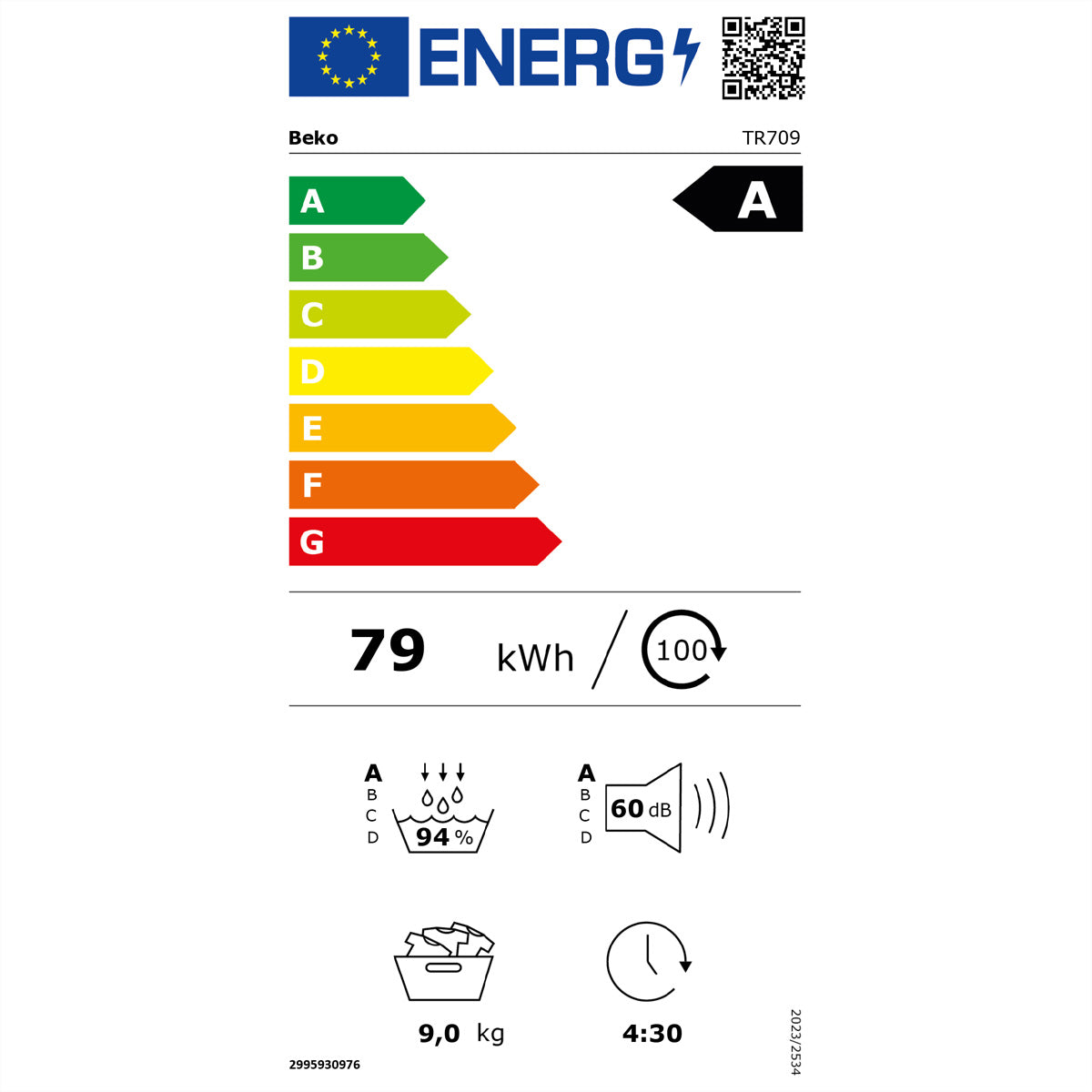 Beko Wäschetrockner TR709 – 9 kg, Wärmepumpe, Energieklasse A – Weiss/Schwarz