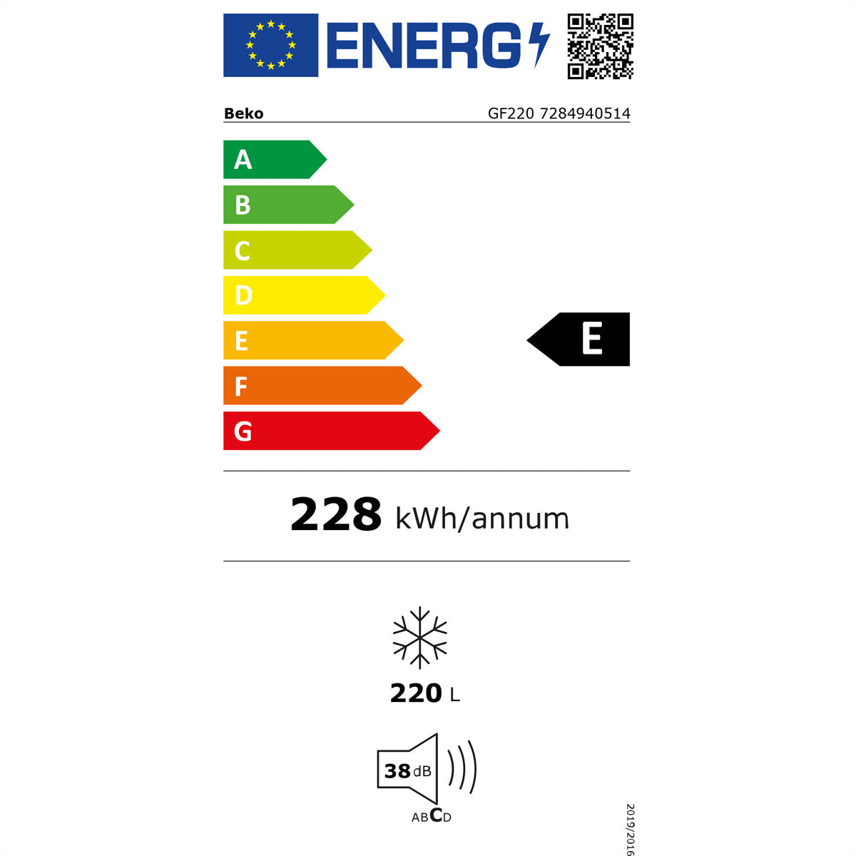 Beko Gefrierschrank GF220 – 220 l, 230 V, Energieeffizienzklasse E, 38 dB