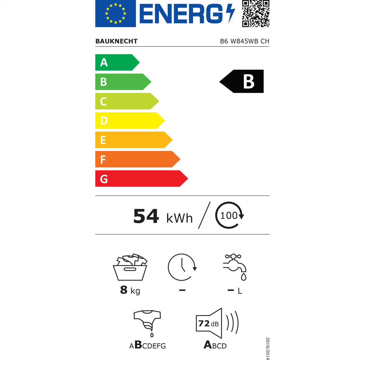 Bauknecht Waschmaschine B6 W845WB CH – 8 kg, Dampf-Hygiene & Inverter, 1400 U/min, Energieklasse B – weiss