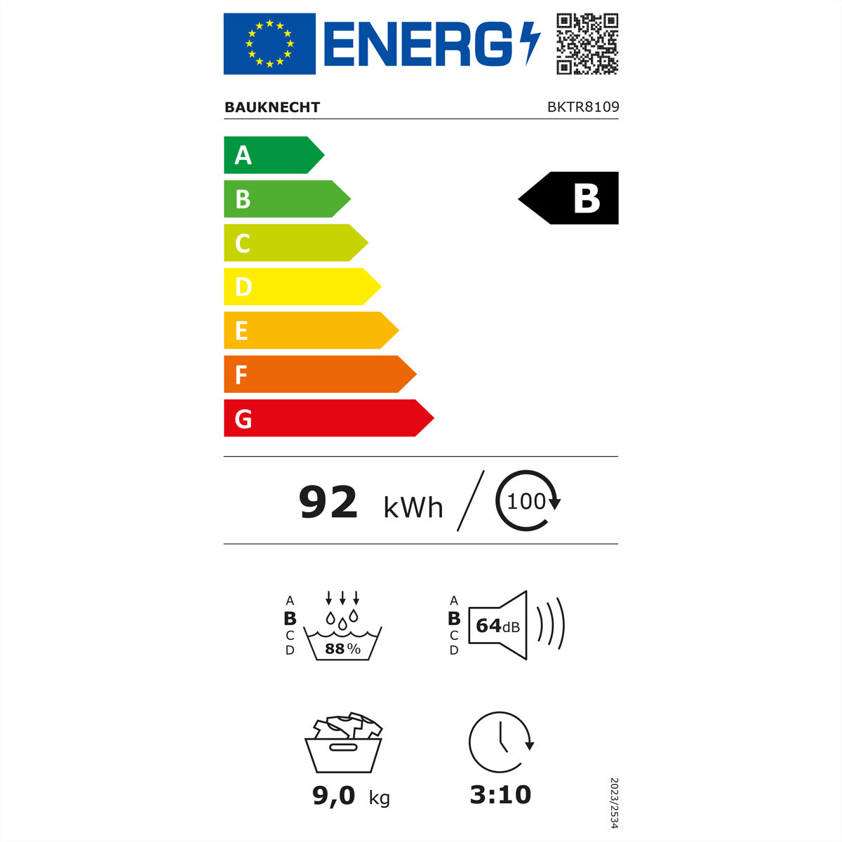 Bauknecht Wäschetrockner BKTR8109 – 9 kg, Energieklasse B, 107,6 kWh/100 Zyklen, Edelstahltrommel – Weiss