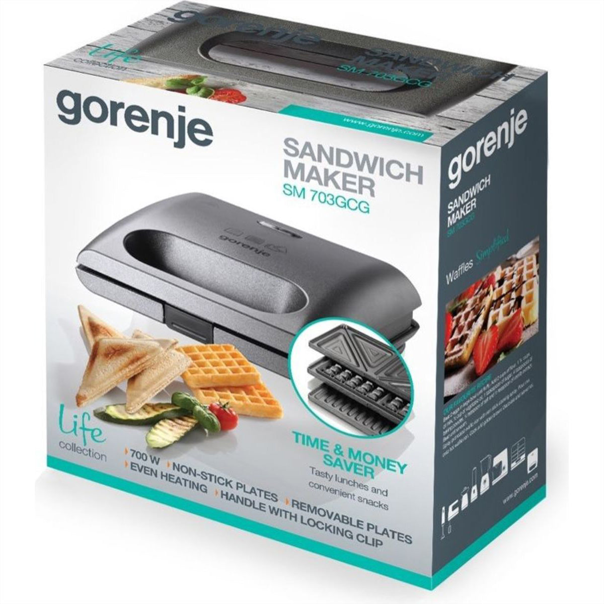 Gorenje Sandwichmaker SM703GCG – 700 W, Abnehmbare Platten & Antihaftbeschichtung – Silber