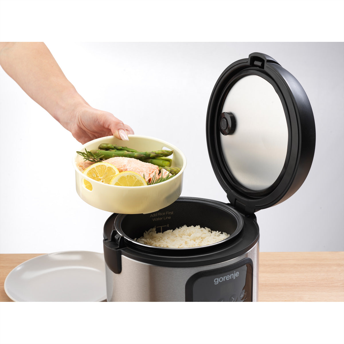 Gorenje Reiskocher MC2SBK – 2 l, 476 W, Warmhaltefunktion – Schwarz/Edelstahl