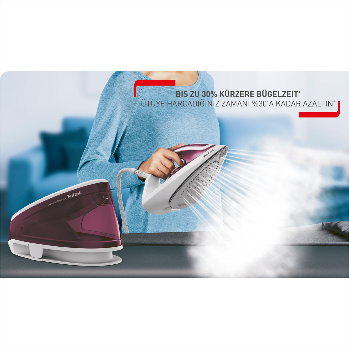 Tefal Dampfbügelstation Express Essential – 1,4 l Tank, 5,3 bar, 2400 W, violett/weiß