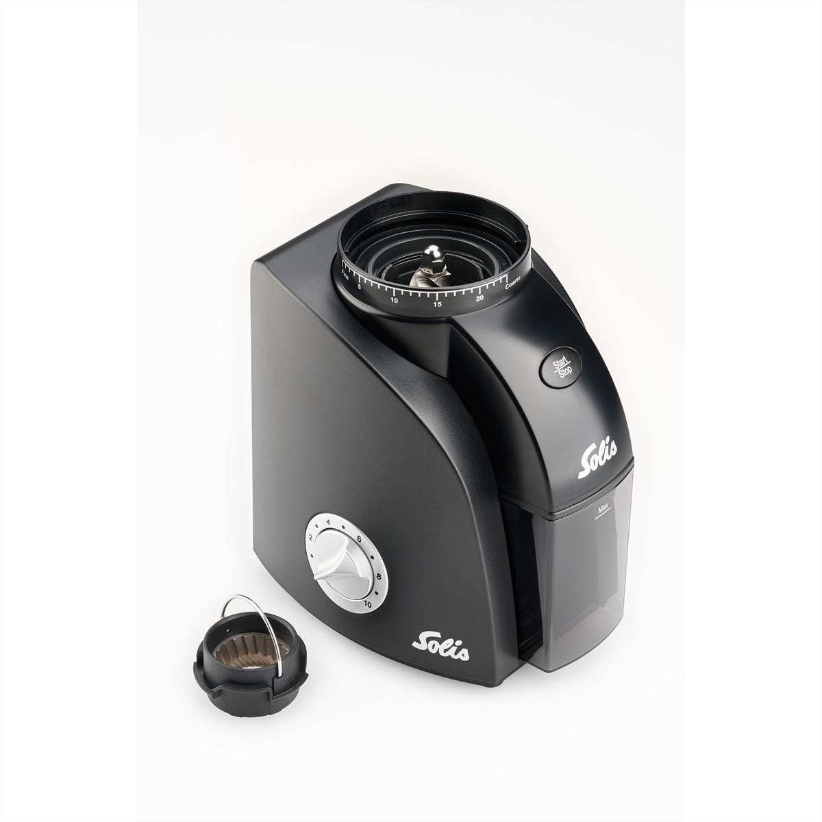 Solis Kaffeemühle 1662 – 300 g, Kegelmahlwerk, 135 W – Schwarz/Silber