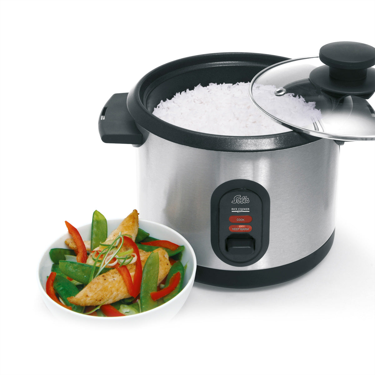 Solis Kompakter Reiskocher 821 – 0,8 l, 350 W, Warmhaltefunktion – Schwarz/Edelstahl