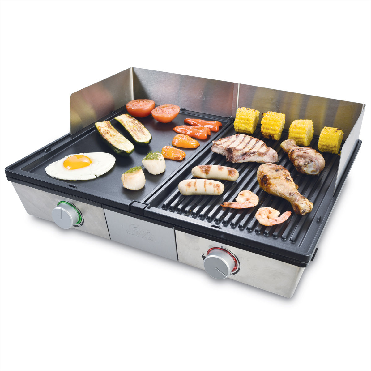 Solis Tischgrill Deli 7951 – 20 × 32 cm Grillfläche, 2 Zonen, 2200 W – Edelstahl