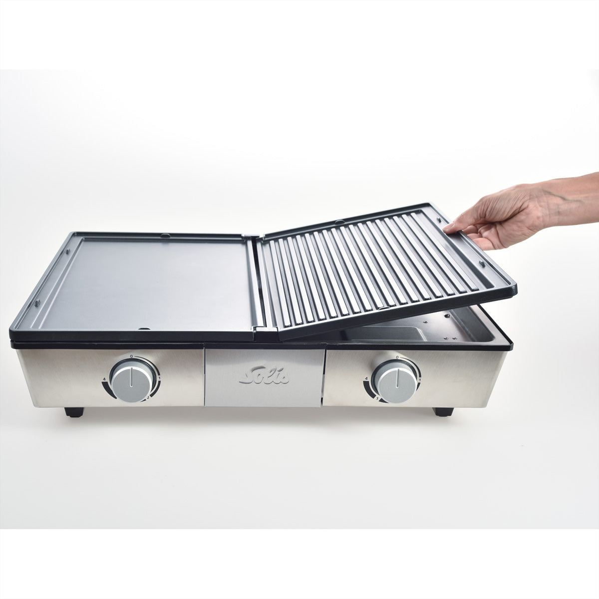 Solis Tischgrill Deli 7951 – 20 × 32 cm Grillfläche, 2 Zonen, 2200 W – Edelstahl