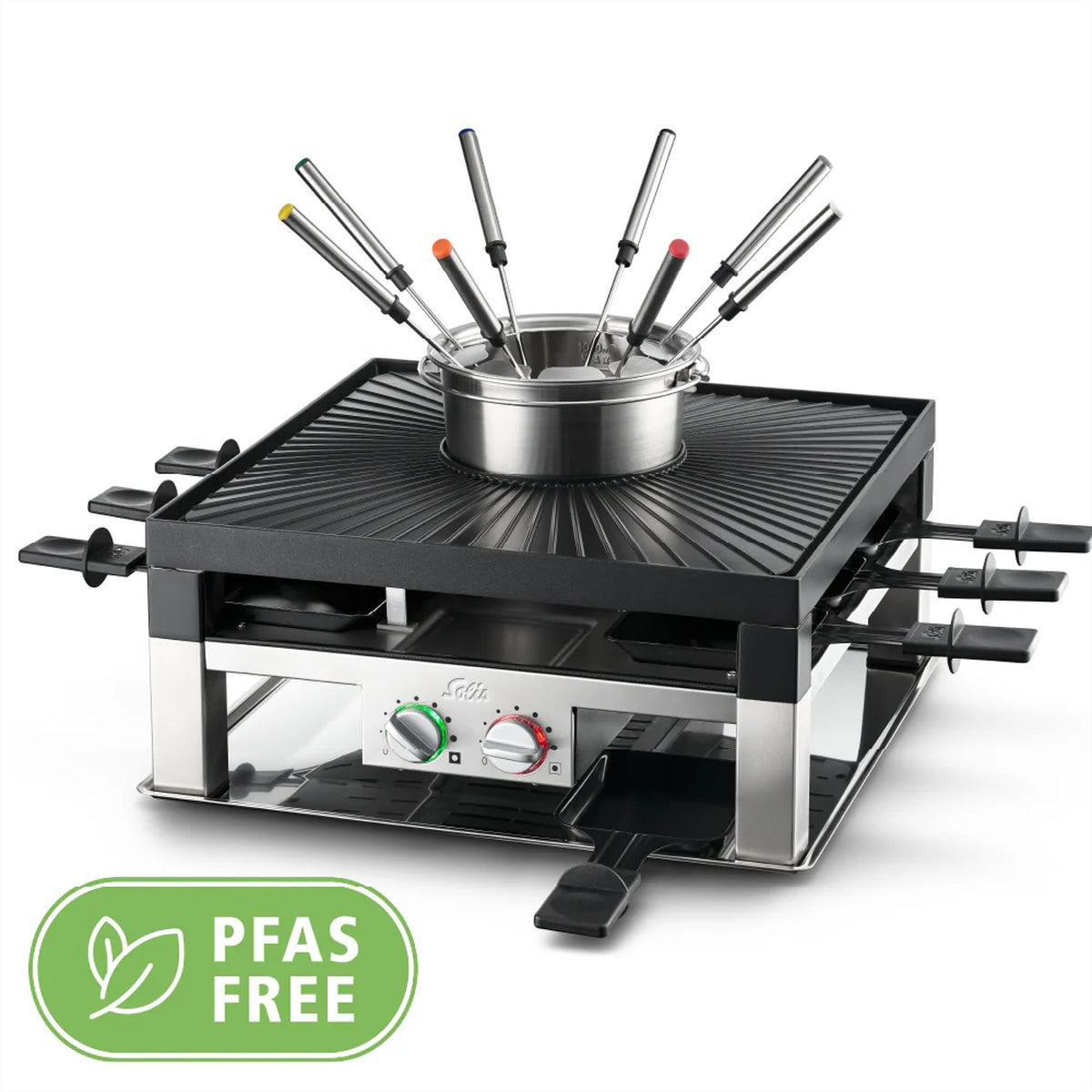 Solis Fondue-Set Combi-Grill 3 in 1 Typ 796 – Fonduetopf 1,3 l, 8 Personen, elektrisch – Edelstahl/Schwarz